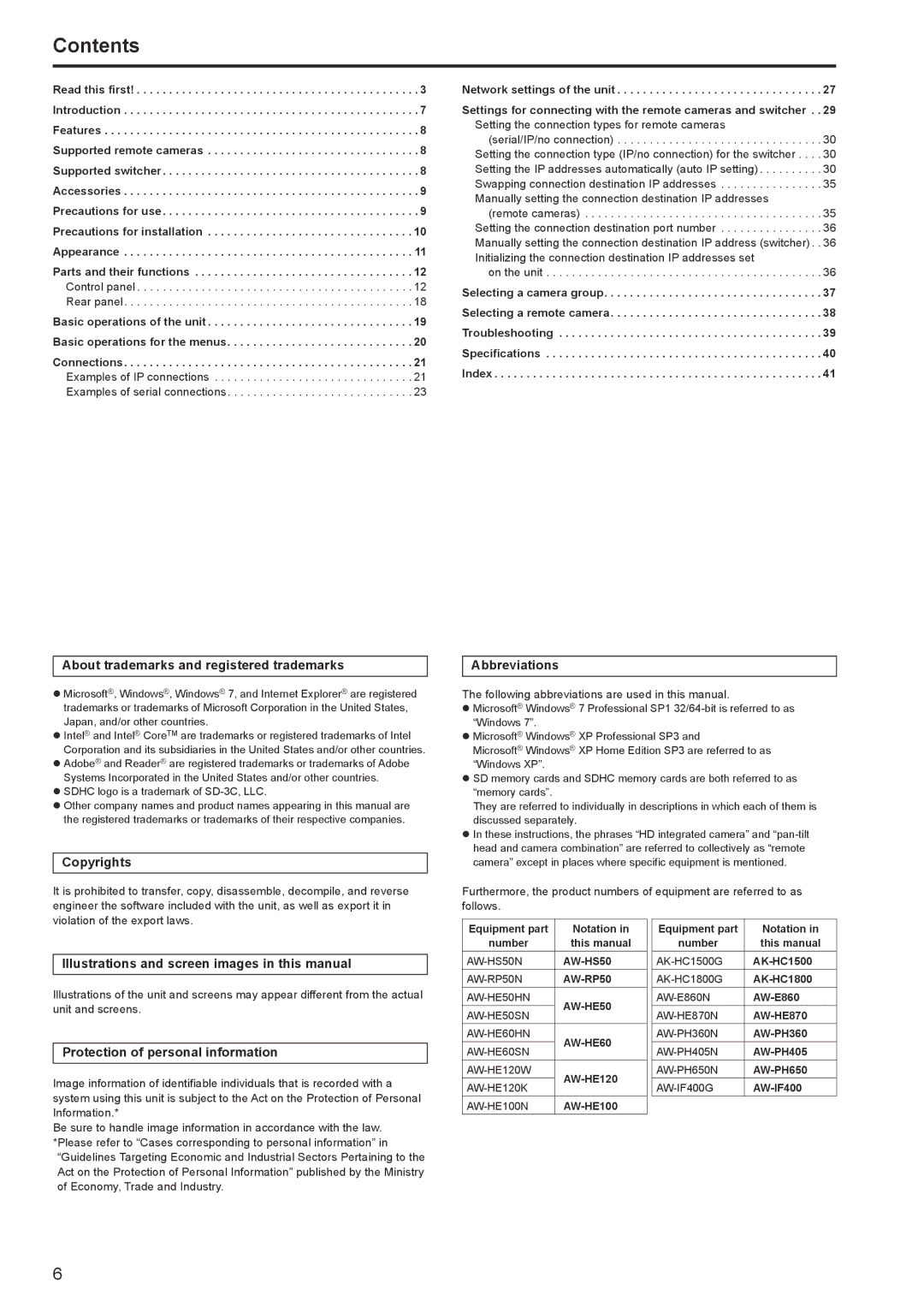 Panasonic AW-RP120G operating instructions Contents 