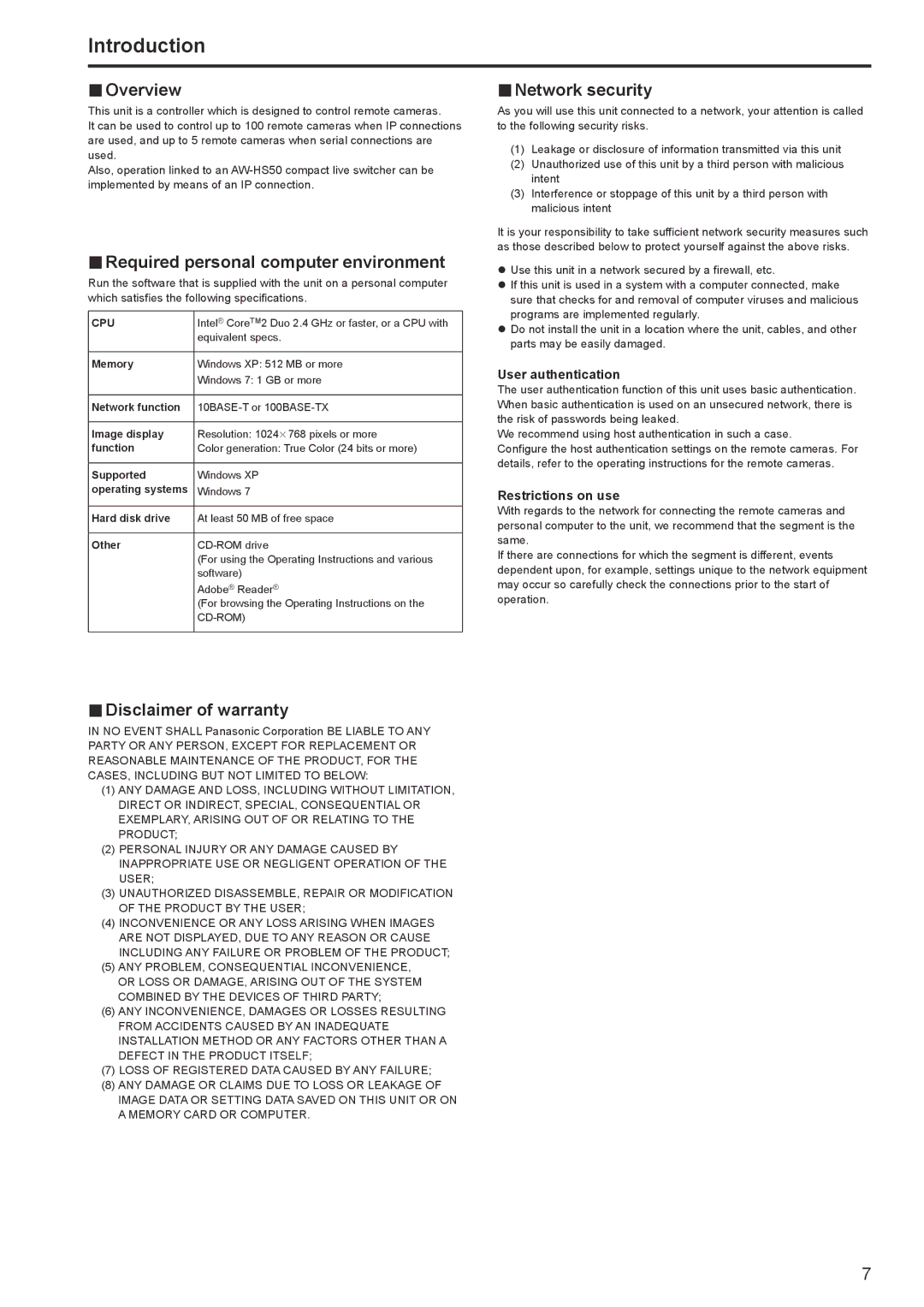 Panasonic AW-RP120G operating instructions Introduction, User authentication, Restrictions on use 