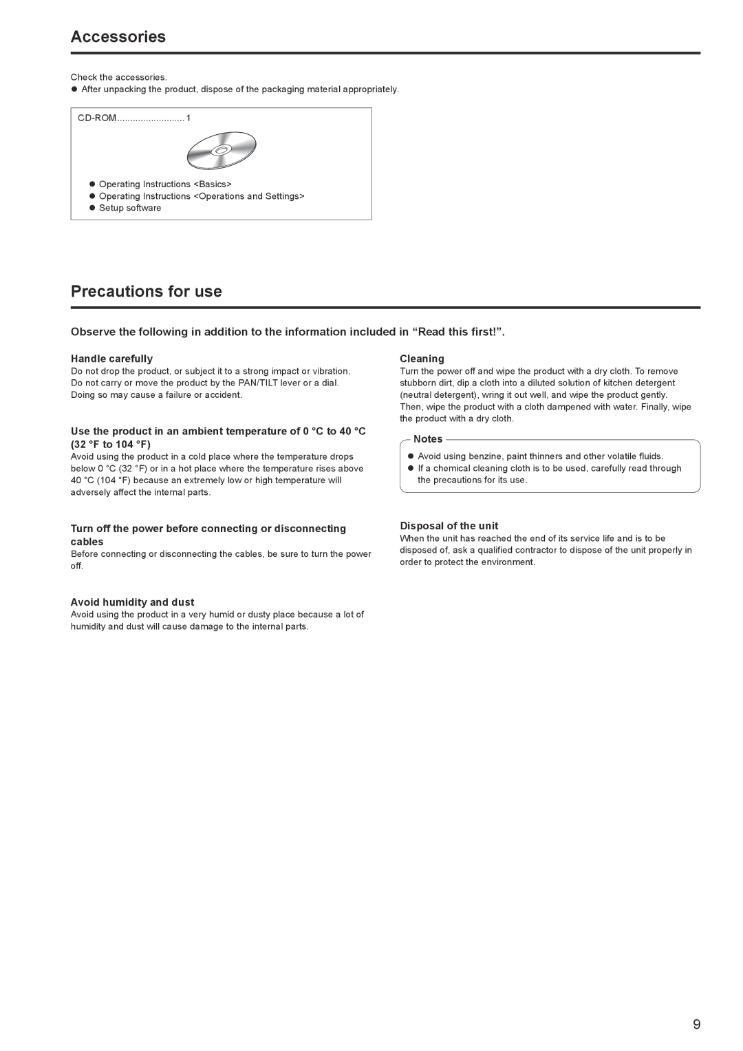 Panasonic AW-RP120G operating instructions Accessories, Precautions for use 