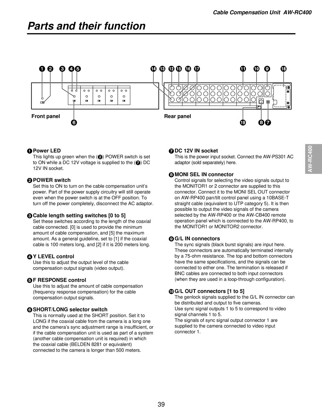 Panasonic AW-RP400N, AW-RC400N Front panel Power LED, Power switch, Cable length setting switches 0 to, Response control 