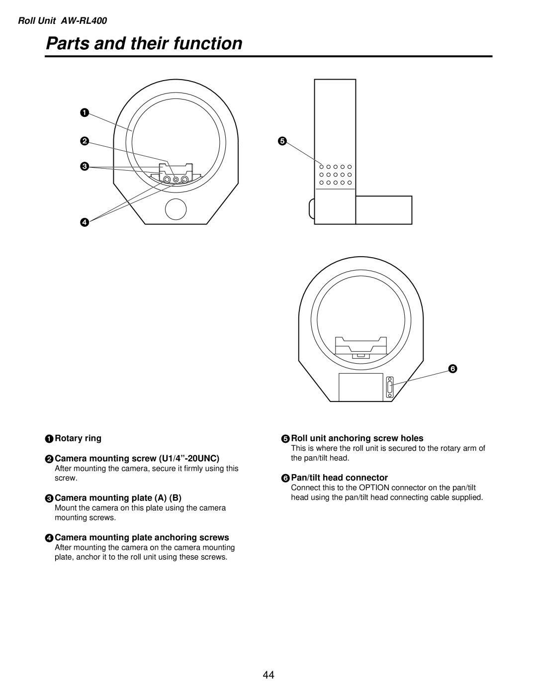 Panasonic AW-PH400P manual Rotary ring Camera mounting screw U1/4-20UNC, Camera mounting plate a B, Pan/tilt head connector 