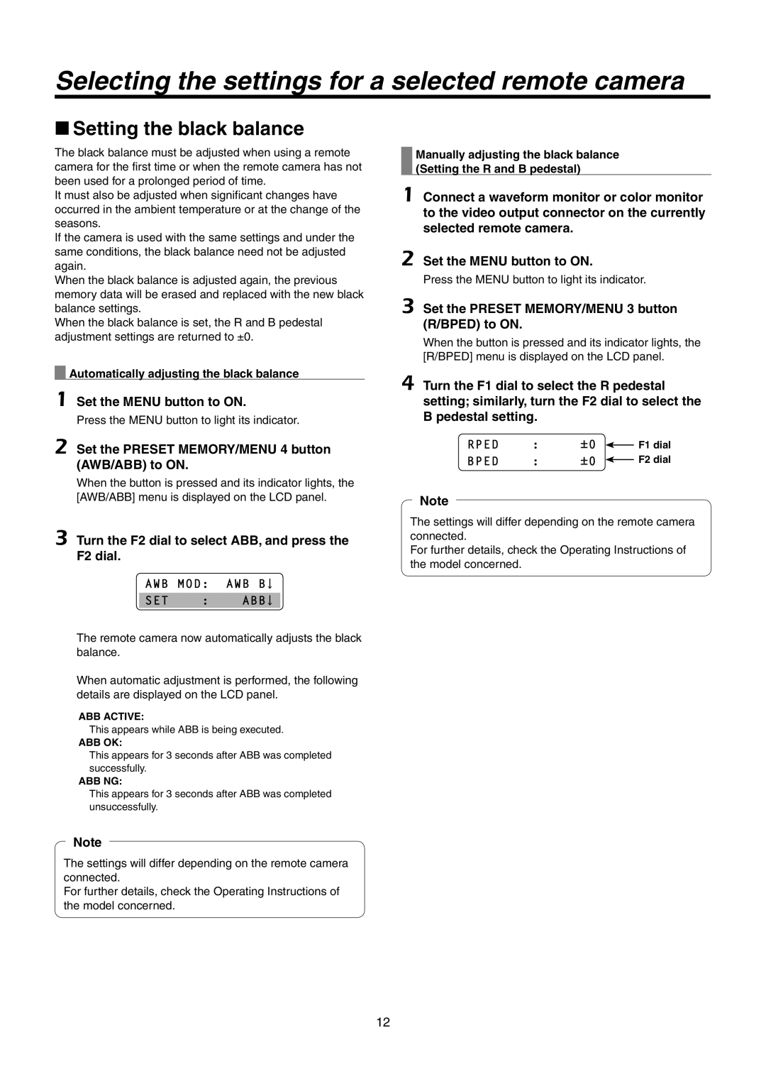 Panasonic AW-RP50N operating instructions Setting the black balance, Turn the F2 dial to select ABB, and press 