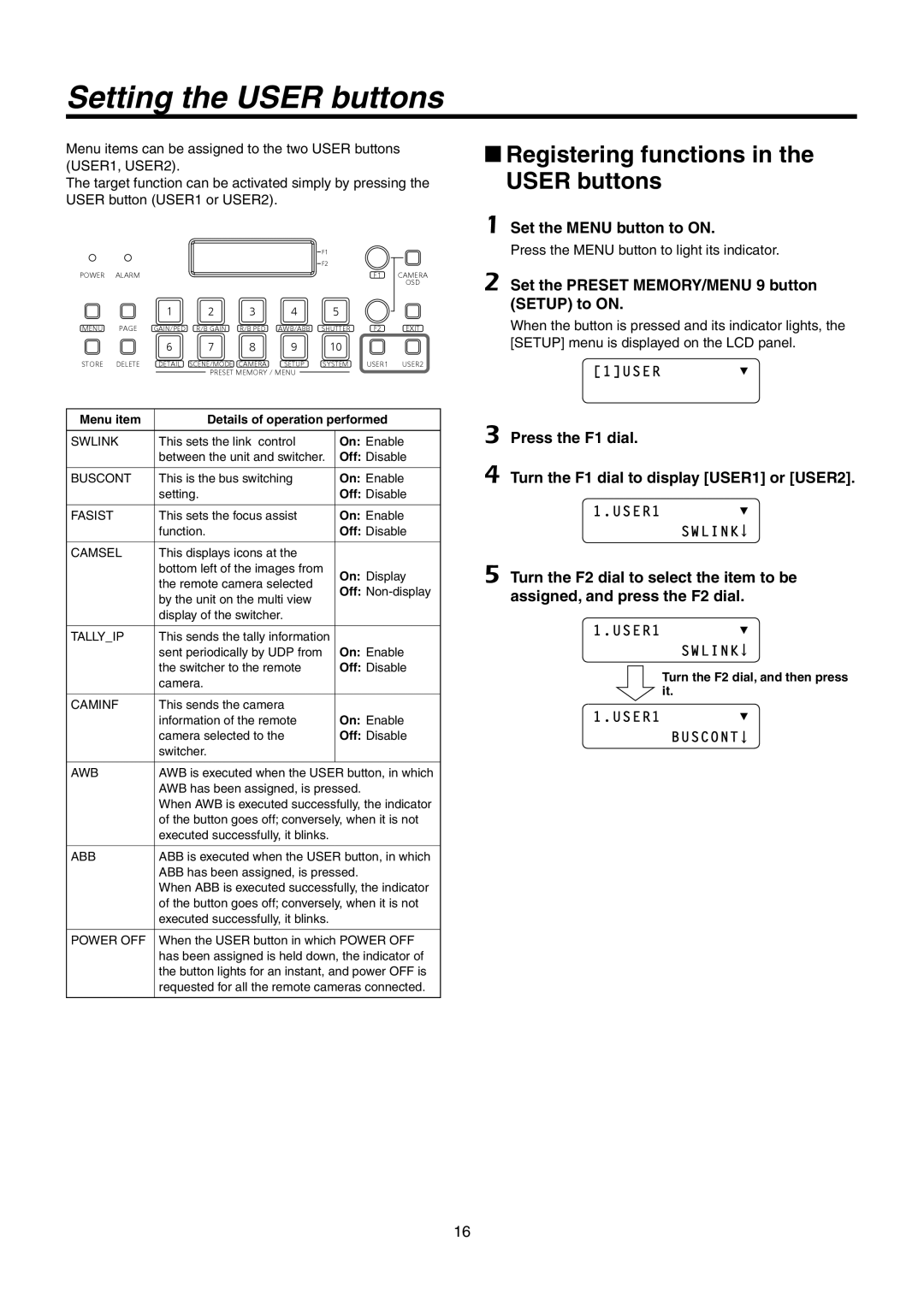 Panasonic AW-RP50N operating instructions Setting the User buttons, Registering functions User buttons 