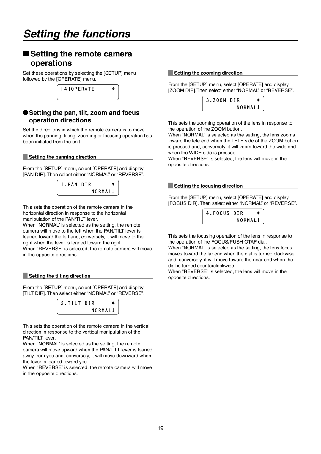 Panasonic AW-RP50N operating instructions Setting the remote camera operations, Zoom DIR Normal, Focus DIR Normal 