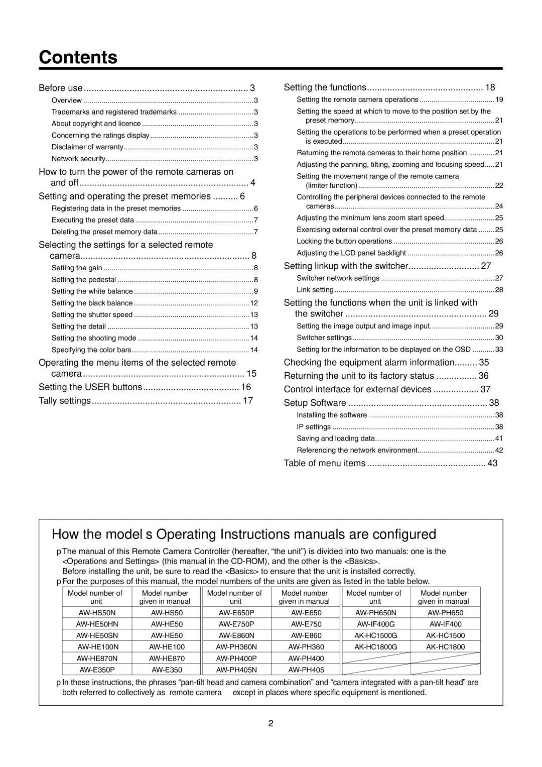 Panasonic AW-RP50N operating instructions Contents 