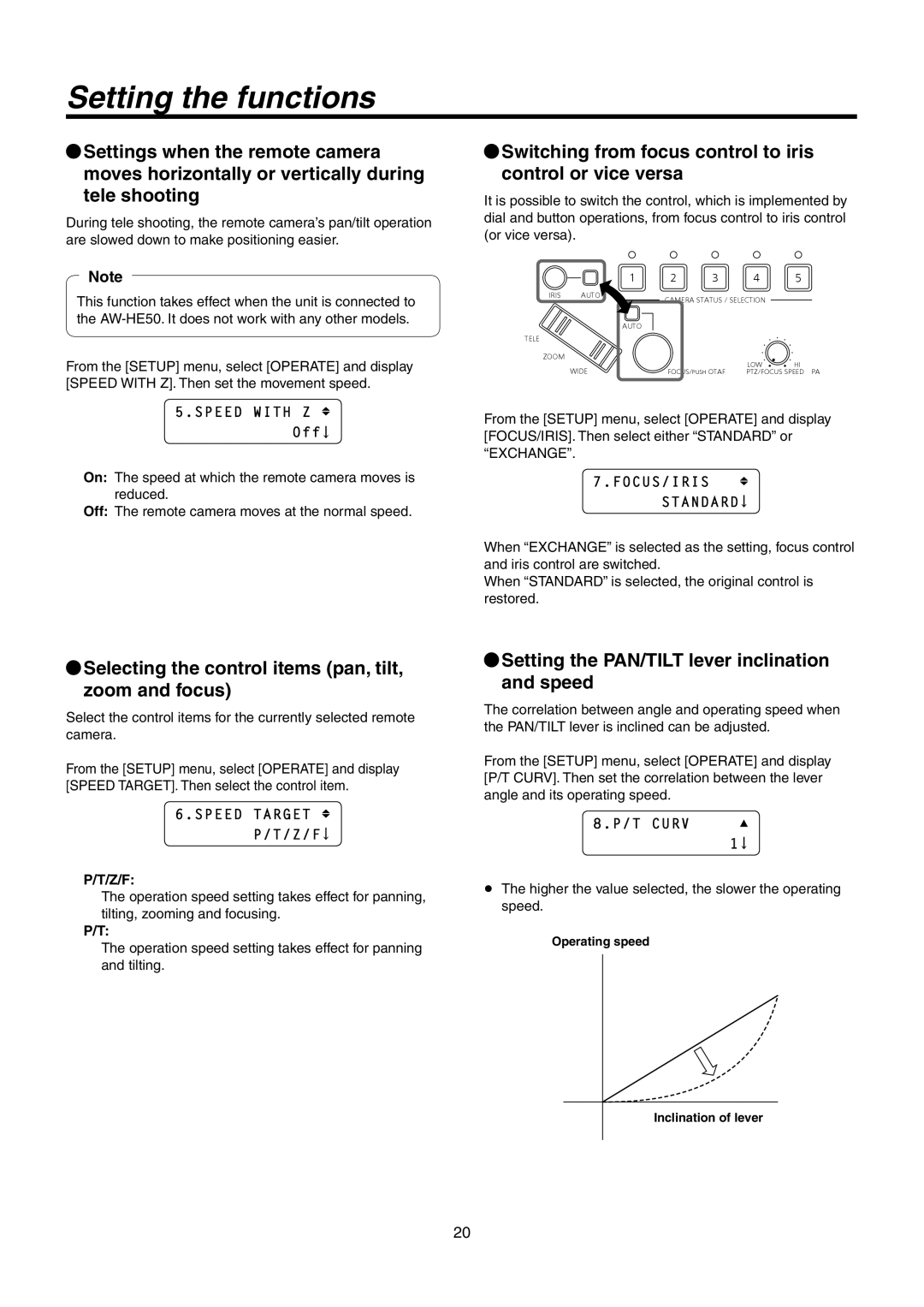 Panasonic AW-RP50N Selecting the control items pan, tilt, zoom and focus, FOCUS/IRIS Standard, Speed Target, T Curv 