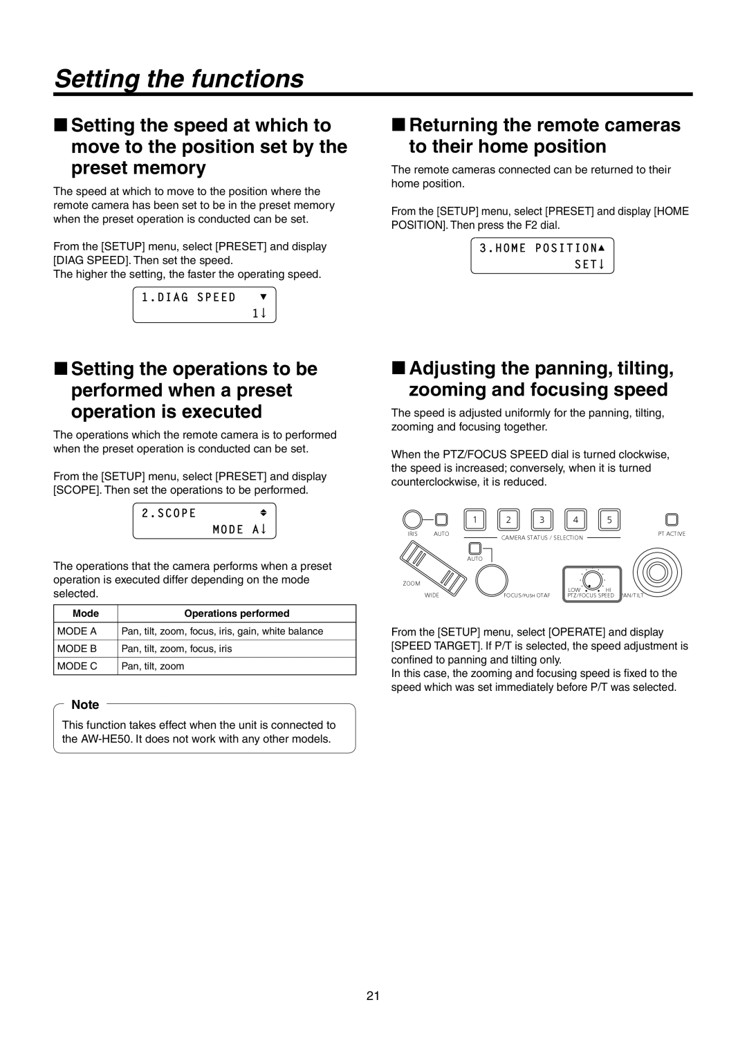 Panasonic AW-RP50N Returning the remote cameras to their home position, Diag Speed, Home Position SET, Scope Mode a 