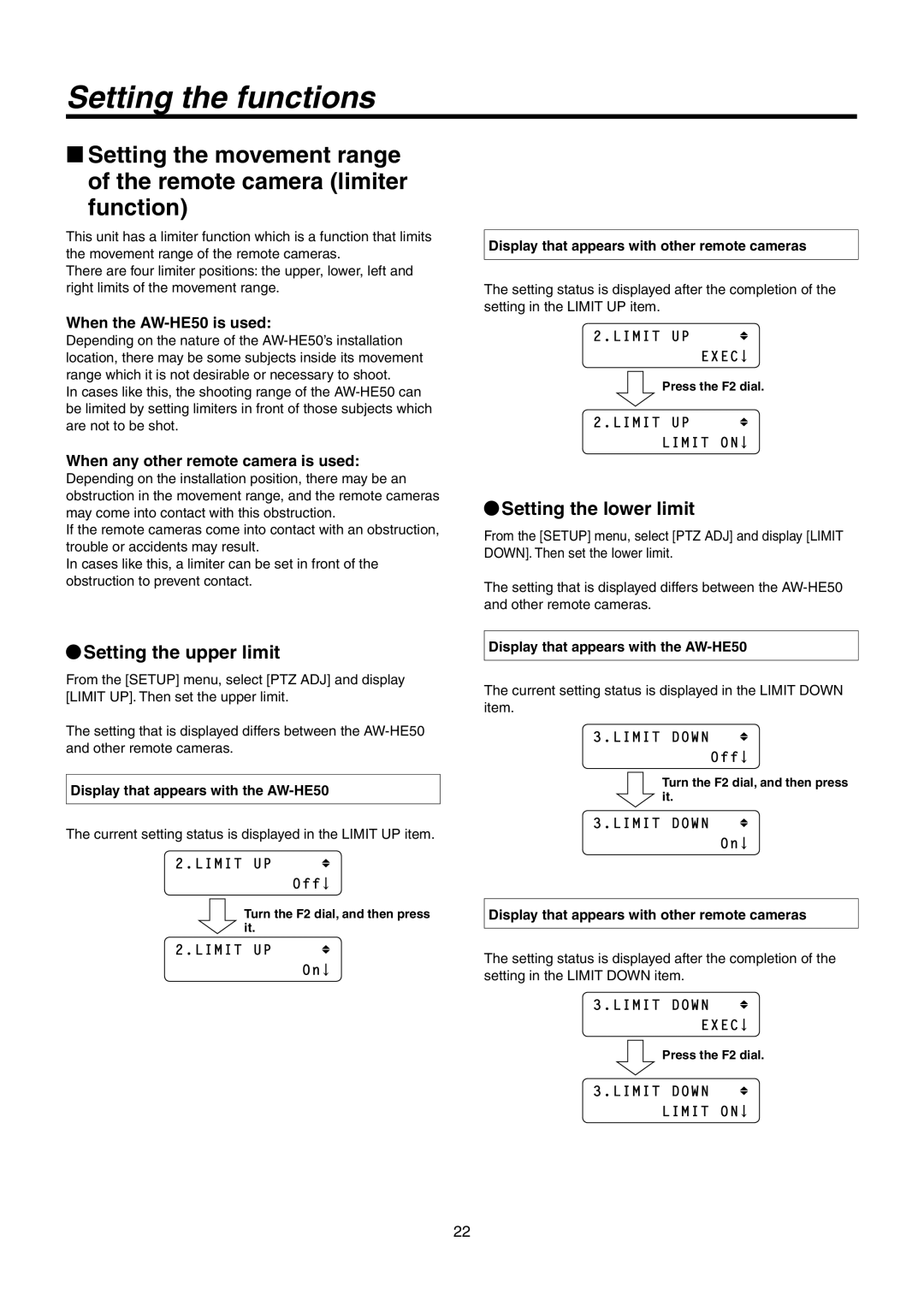 Panasonic AW-RP50N operating instructions Setting the upper limit, Setting the lower limit, When the AW-HE50 is used 