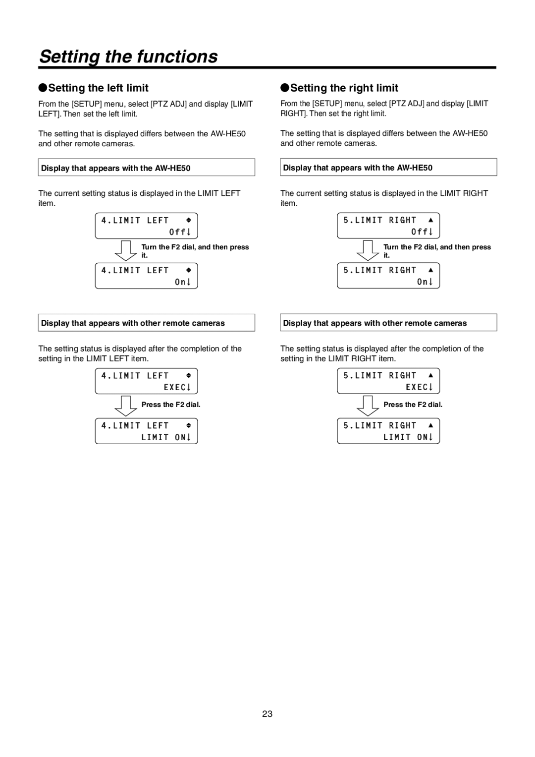 Panasonic AW-RP50N operating instructions Setting the left limit, Setting the right limit 