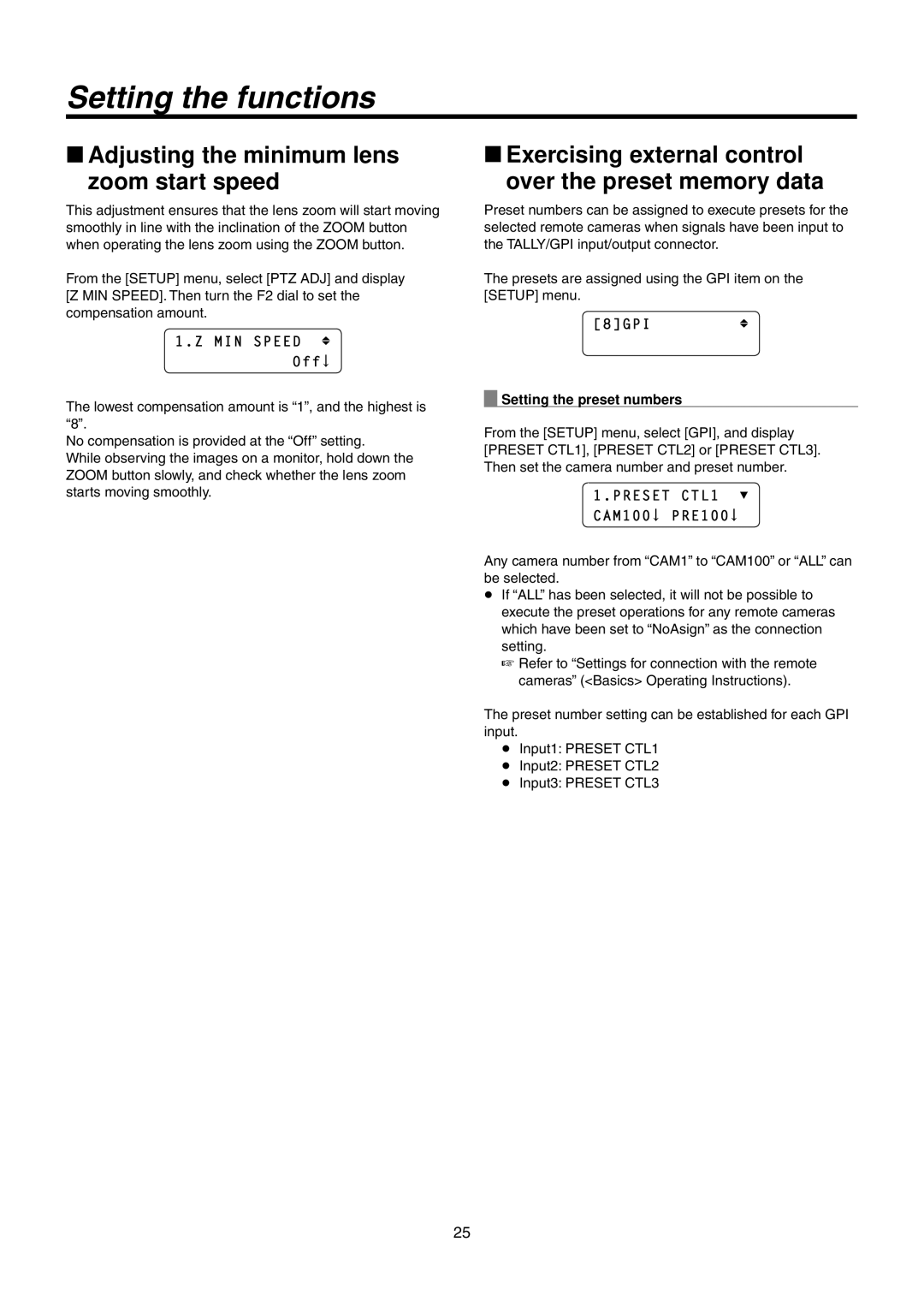 Panasonic AW-RP50N operating instructions Adjusting the minimum lens zoom start speed, Preset CTL1 