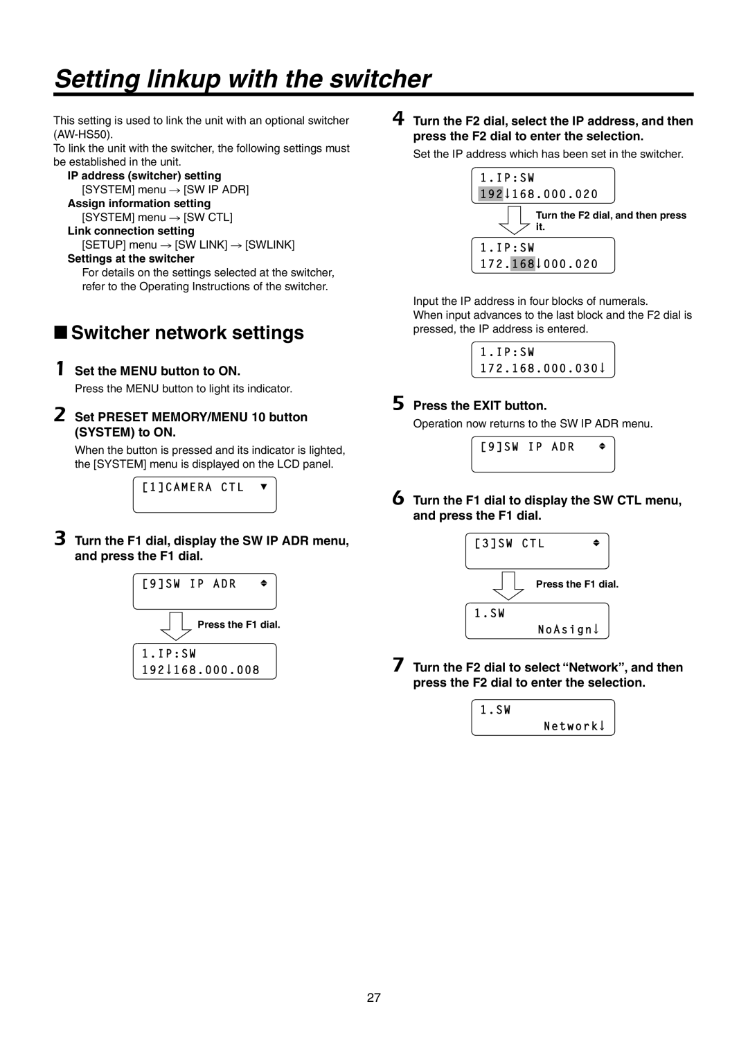 Panasonic AW-RP50N Setting linkup with the switcher, Switcher network settings, Press the Exit button 