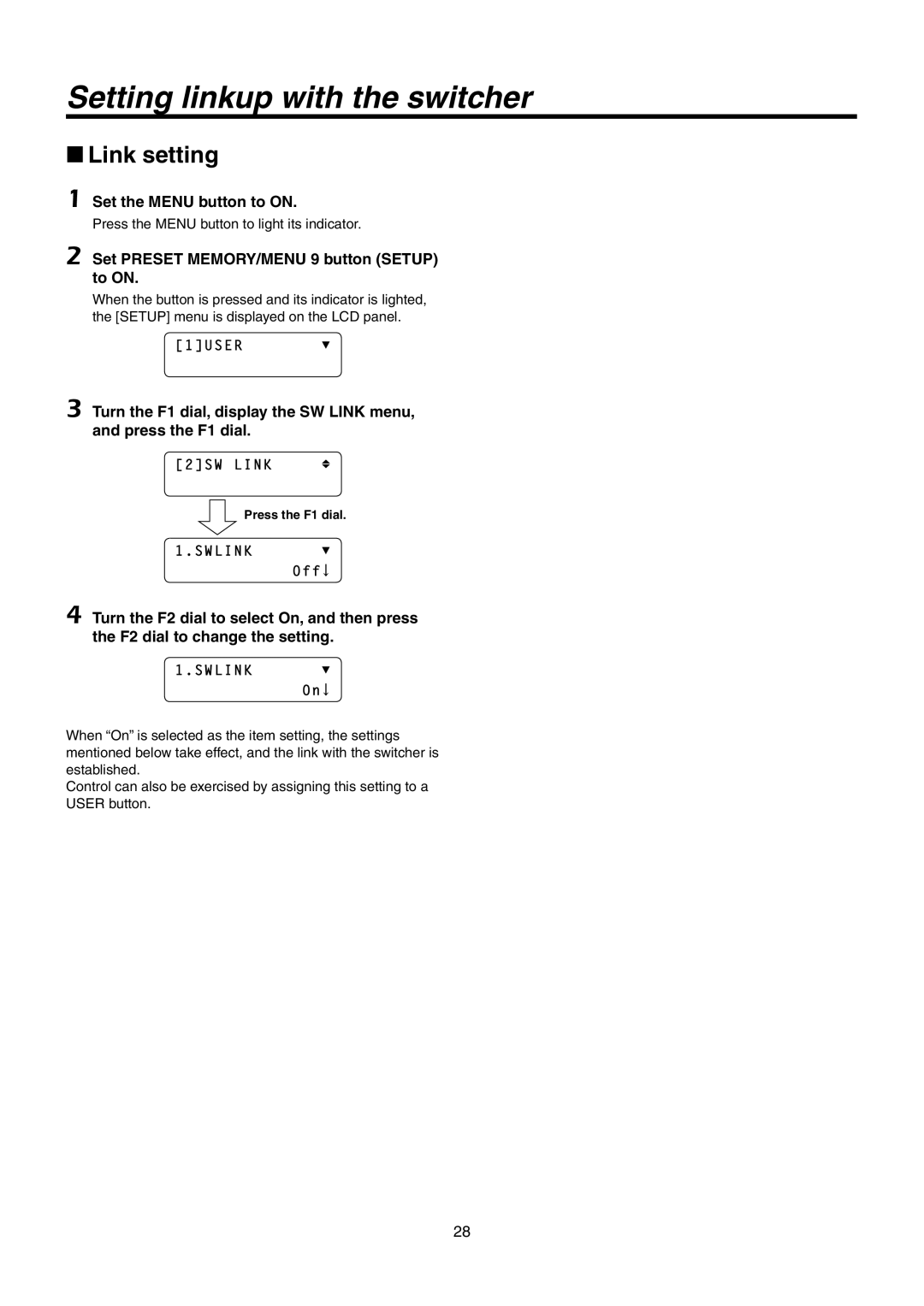 Panasonic AW-RP50N operating instructions Link setting, 2SW Link, Swlink Off, Swlink On 