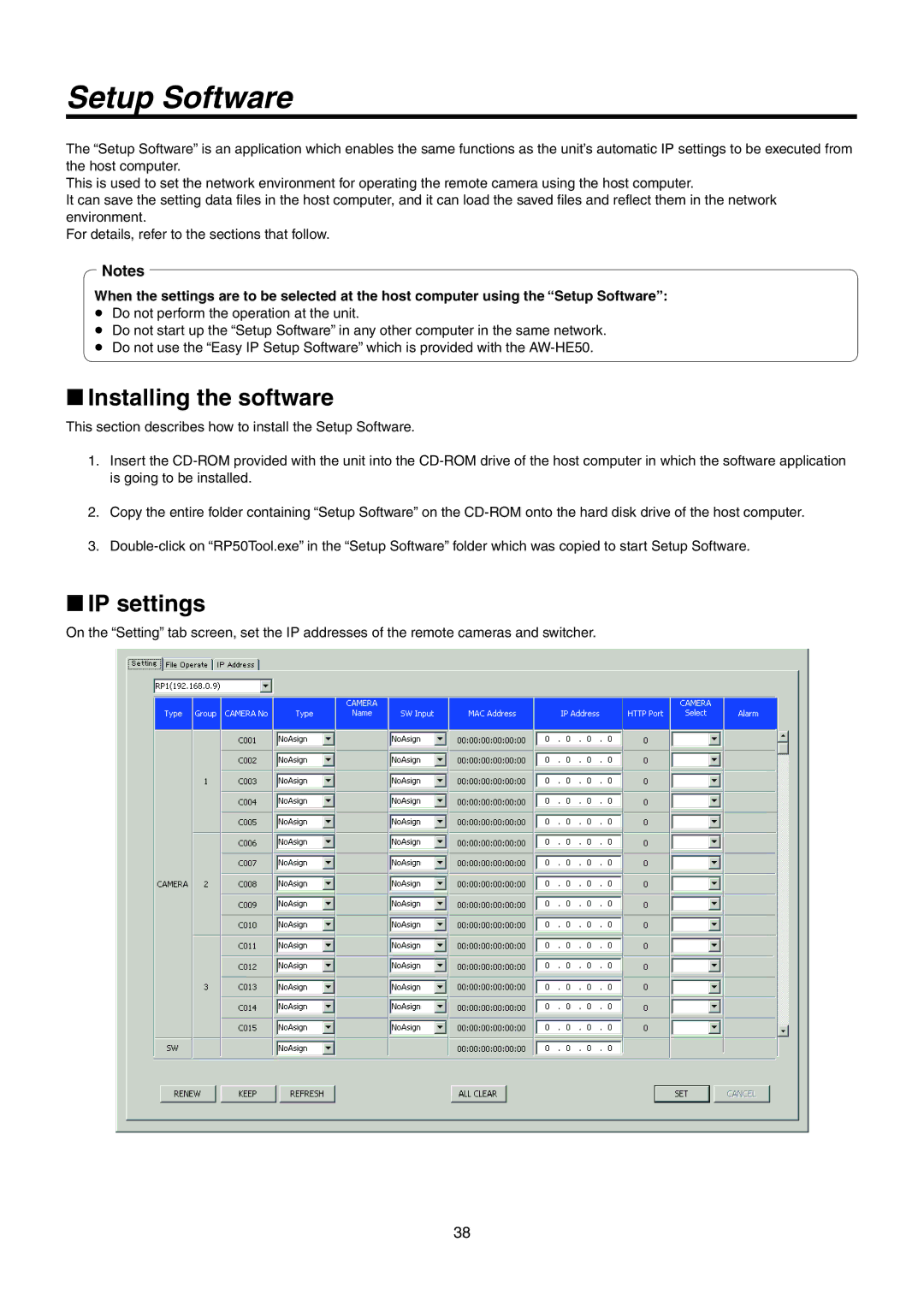 Panasonic AW-RP50N operating instructions Setup Software, Installing the software, IP settings 