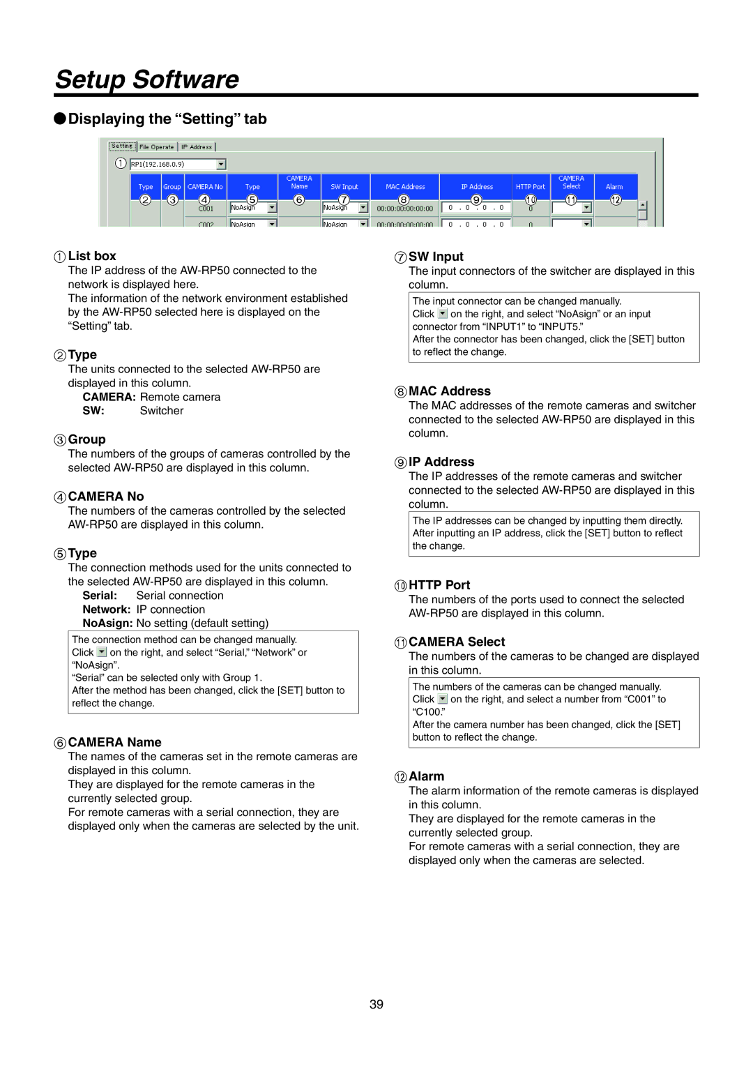 Panasonic AW-RP50N operating instructions Displaying the Setting tab 