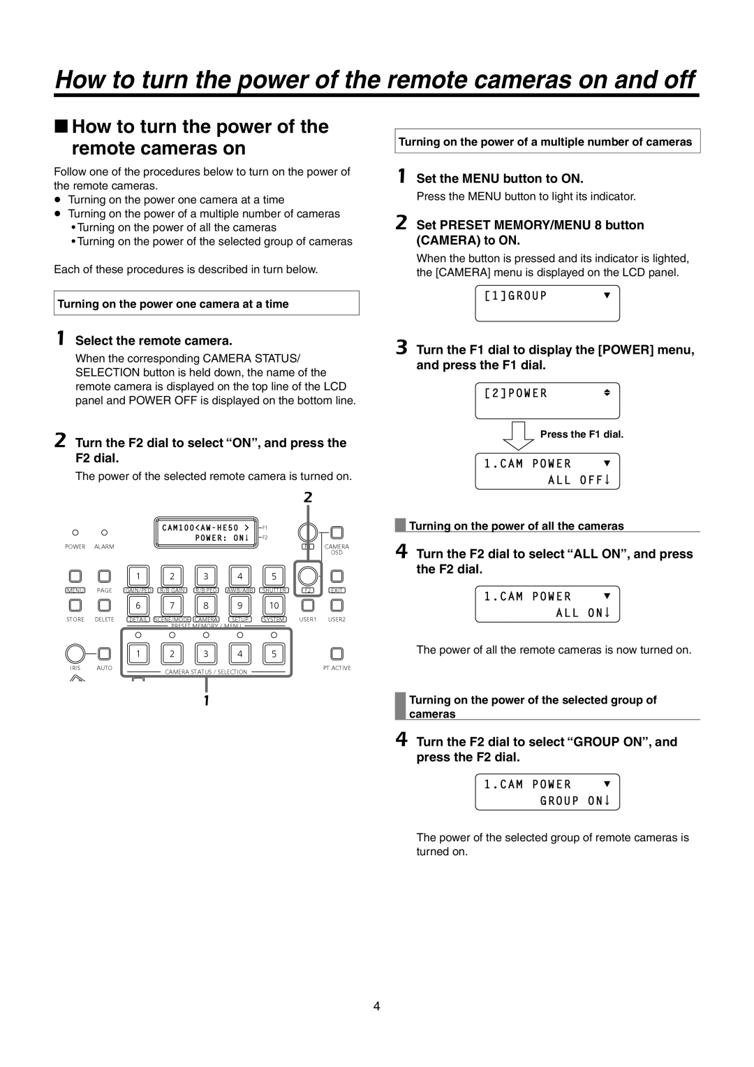 Panasonic AW-RP50N operating instructions How to turn the power of the remote cameras on and off 