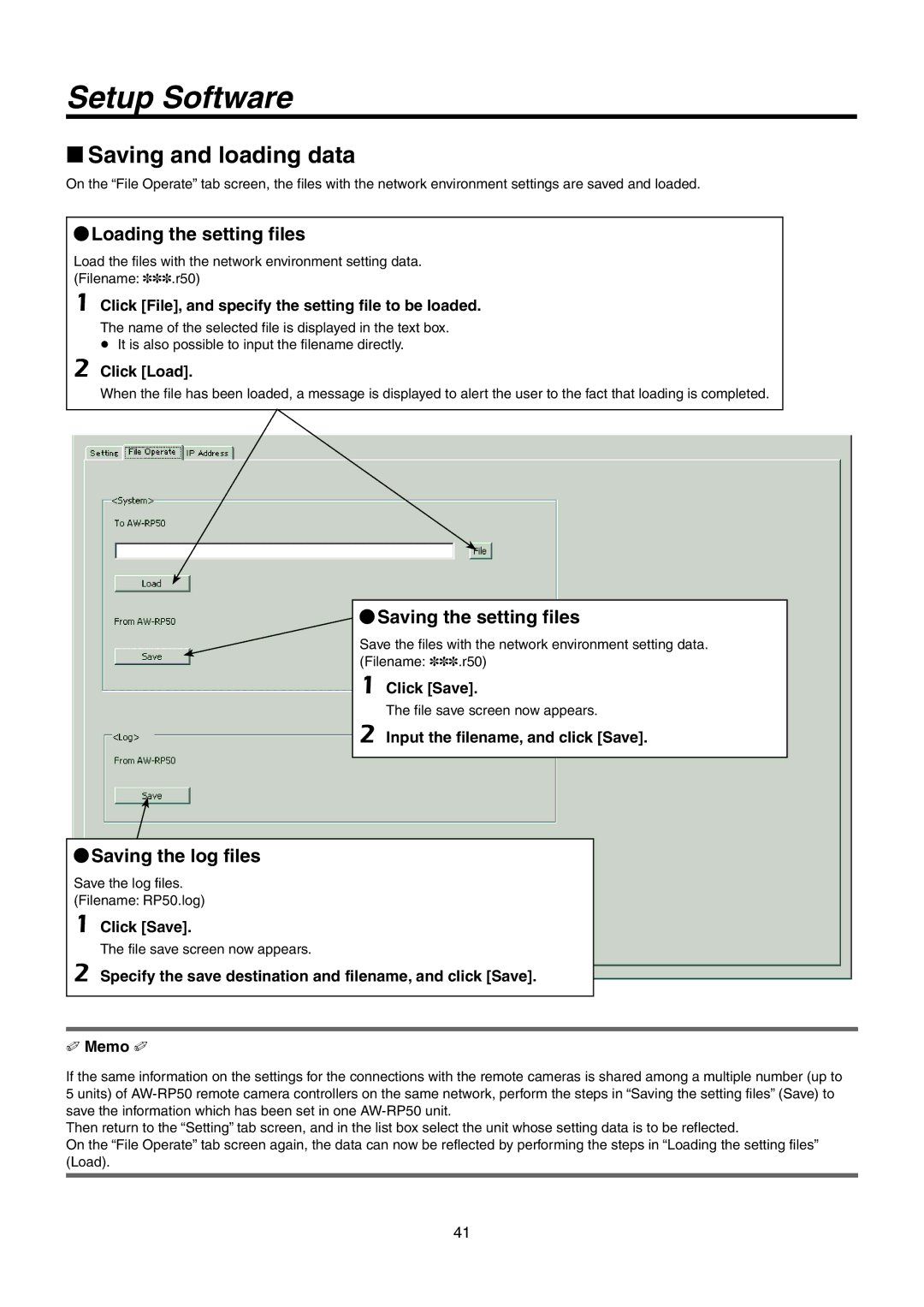 Panasonic AW-RP50N Saving and loading data, Loading the setting files, Saving the setting files 