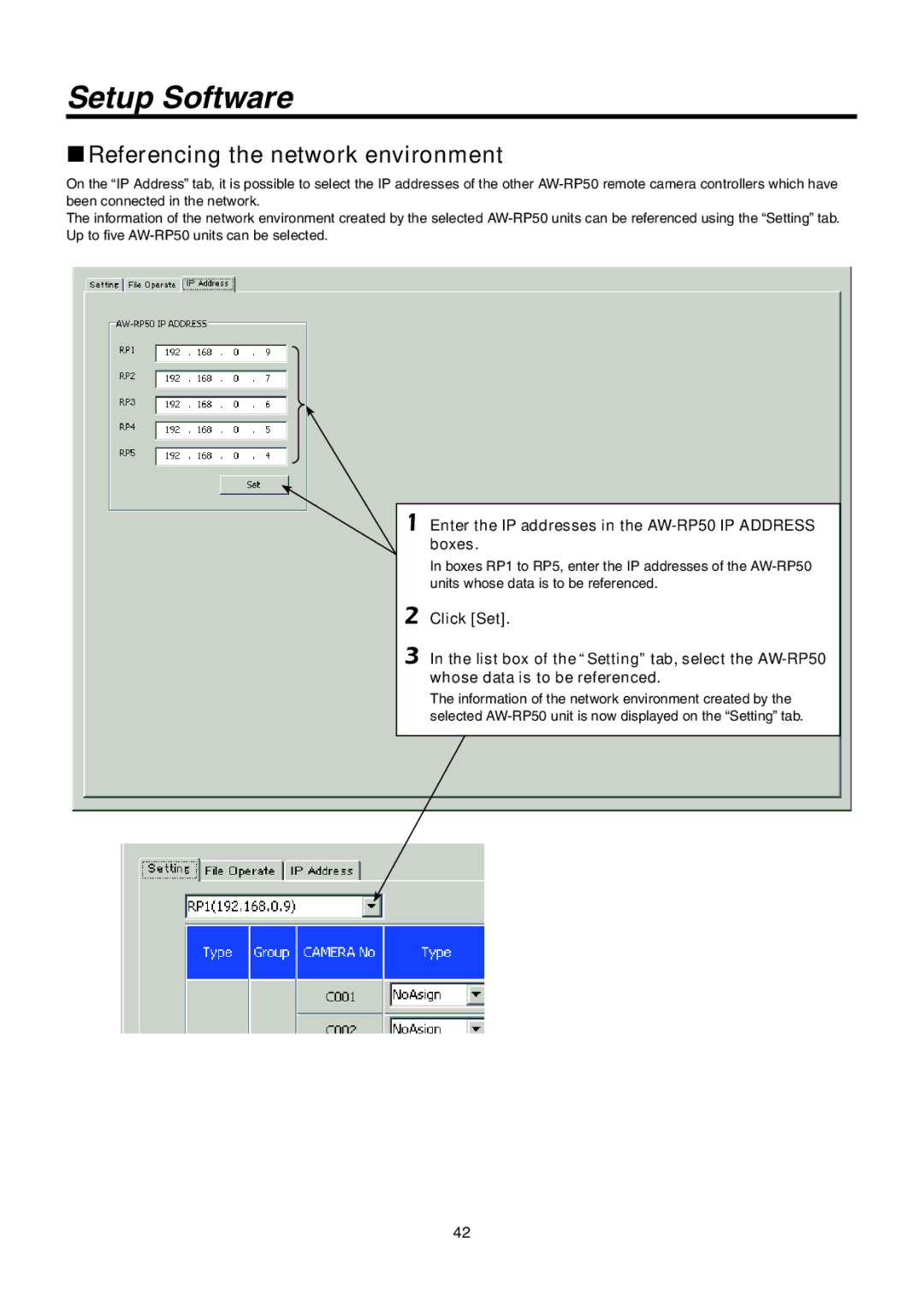 Panasonic AW-RP50N Referencing the network environment, Enter the IP addresses in the AW-RP50 IP Address boxes 