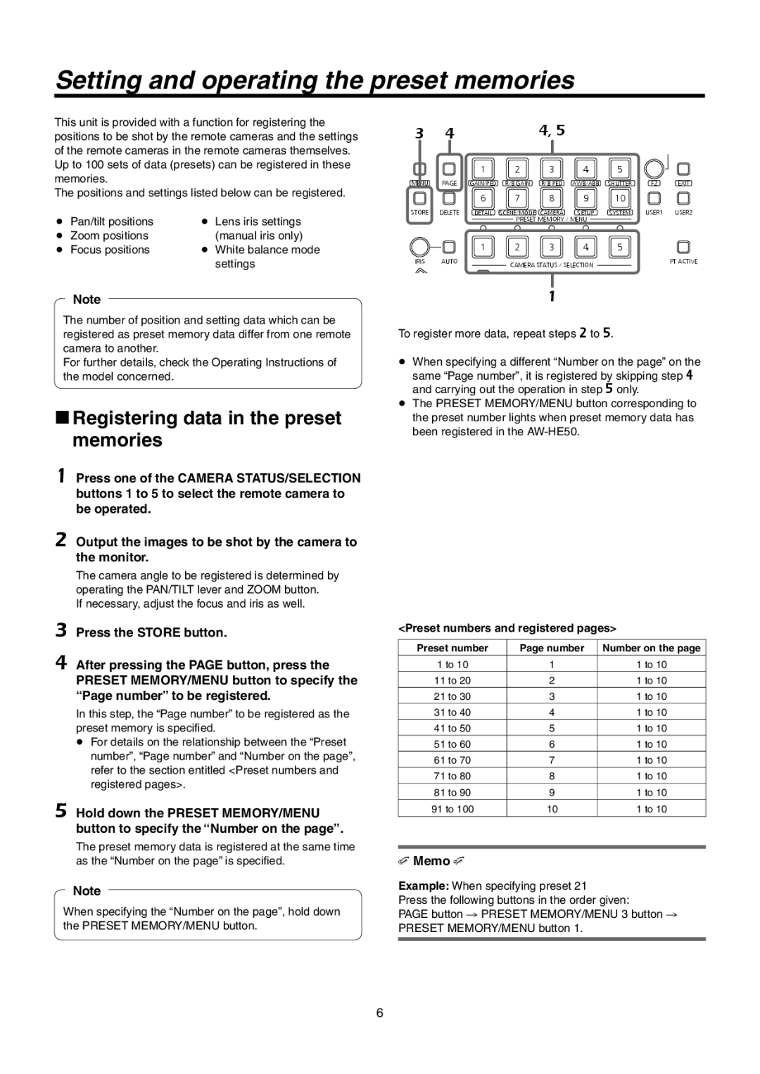 Panasonic AW-RP50N Setting and operating the preset memories,  Memo , Preset numbers and registered pages 