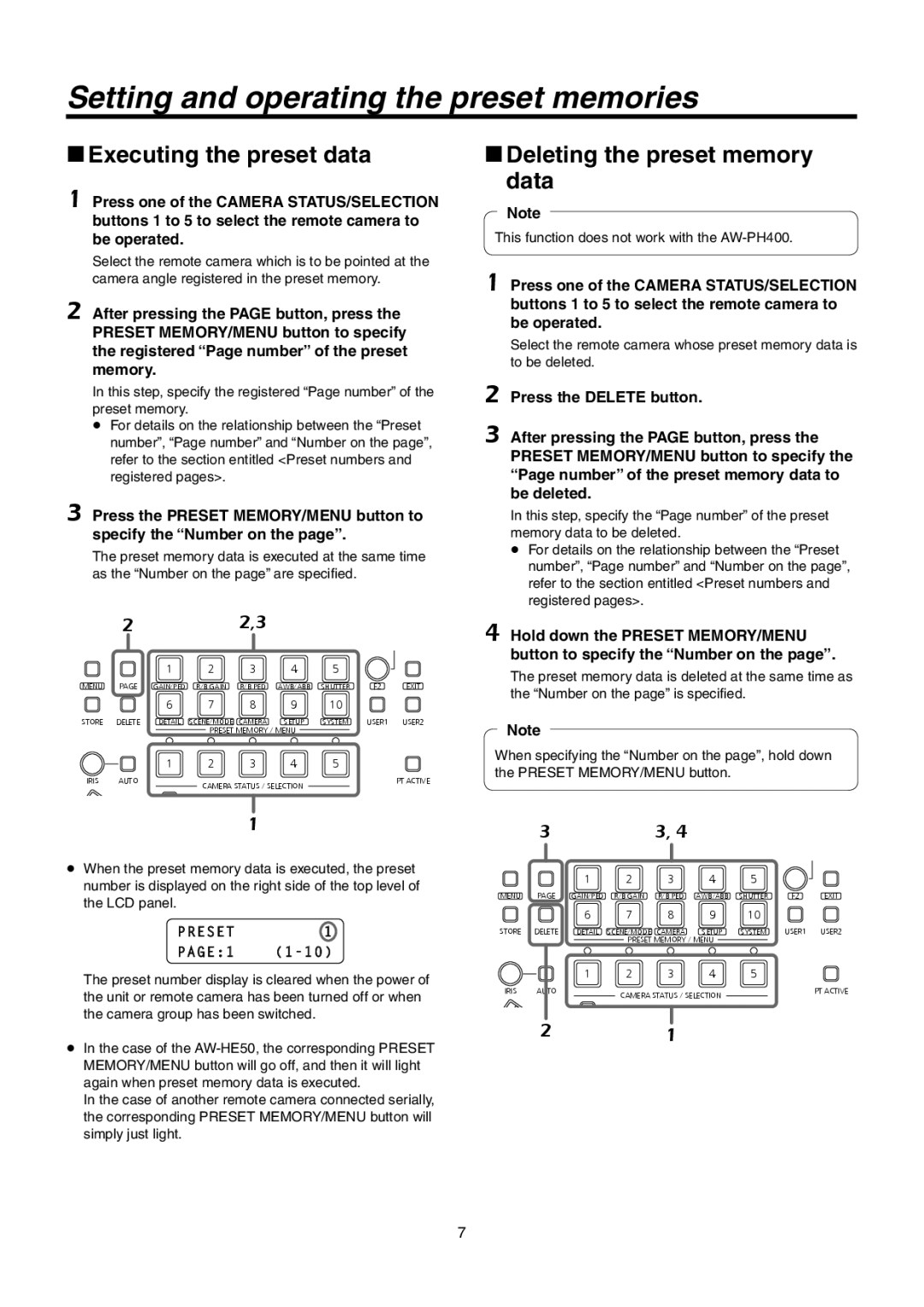 Panasonic AW-RP50N operating instructions Executing the preset data, Deleting the preset memory data, PRESET1, PAGE1 