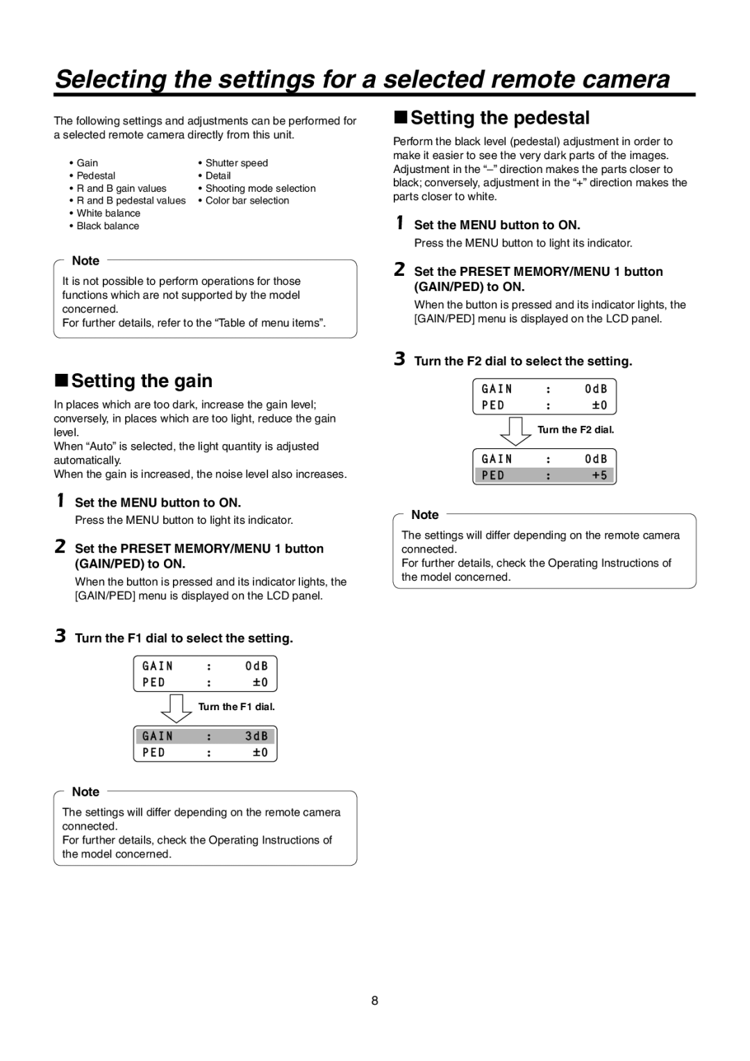 Panasonic AW-RP50N Selecting the settings for a selected remote camera, Setting the gain, Setting the pedestal 