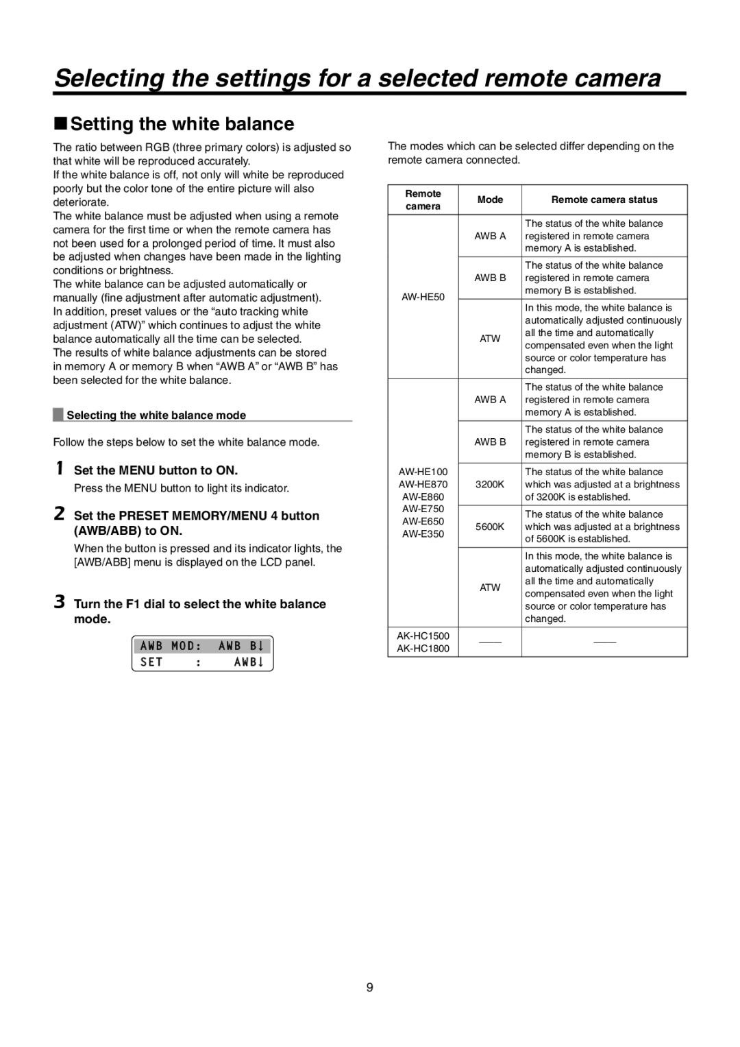 Panasonic AW-RP50N Setting the white balance, Set the Preset MEMORY/MENU 4 button AWB/ABB to on, Awb Mod Awb B Set Awb 