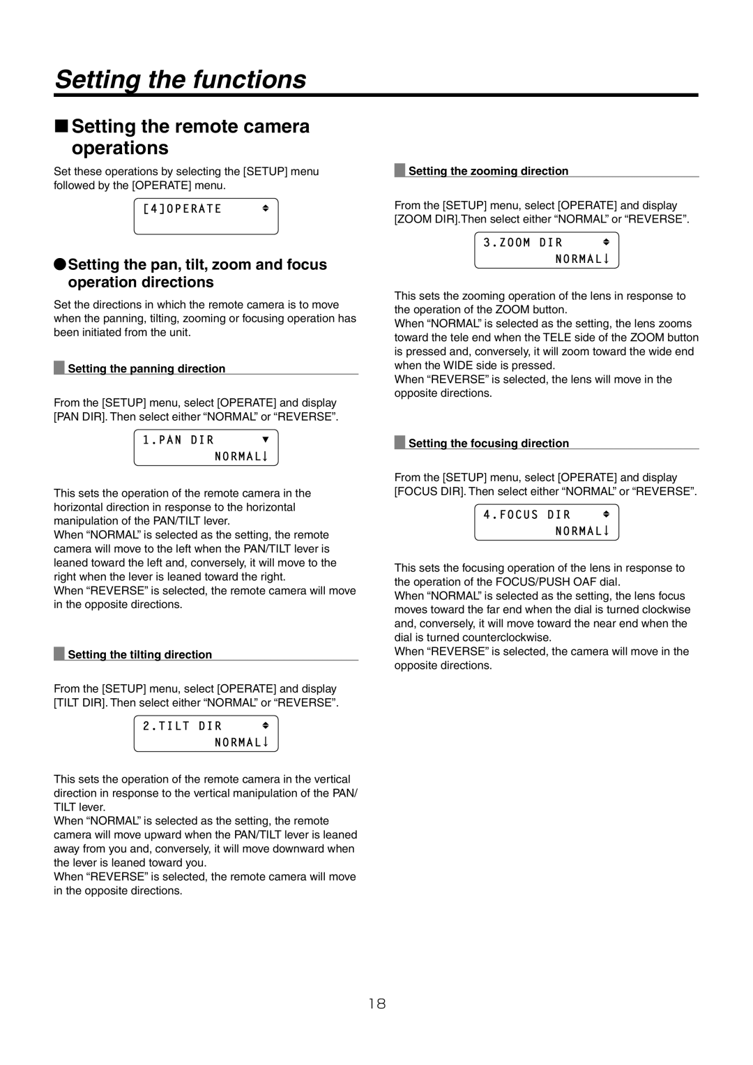 Panasonic AW-RP50N Setting the remote camera operations, Setting the pan, tilt, zoom and focus operation directions 