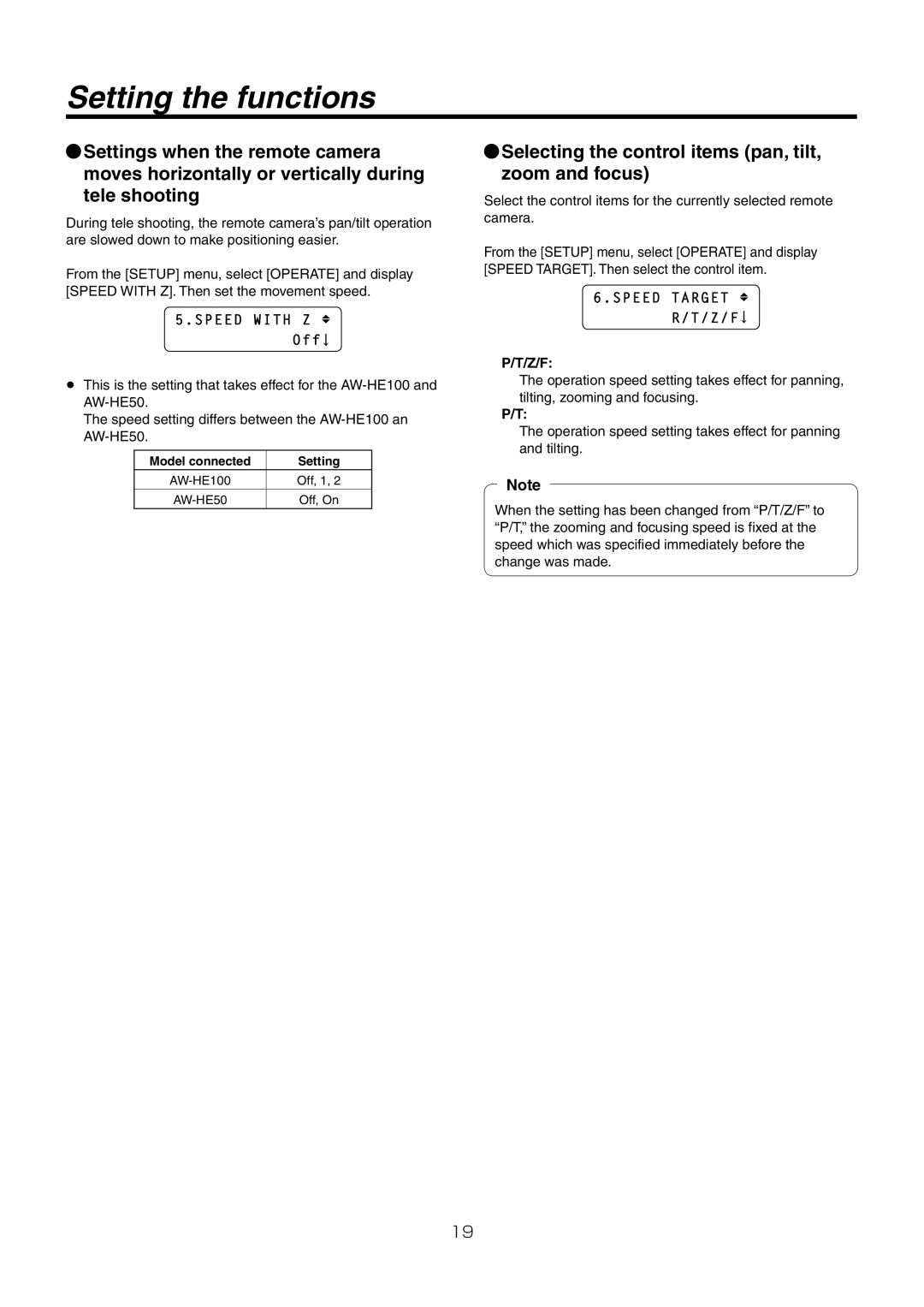 Panasonic AW-RP50N Selecting the control items pan, tilt, zoom and focus, Speed with Z Off, Speed Target, Z/F 