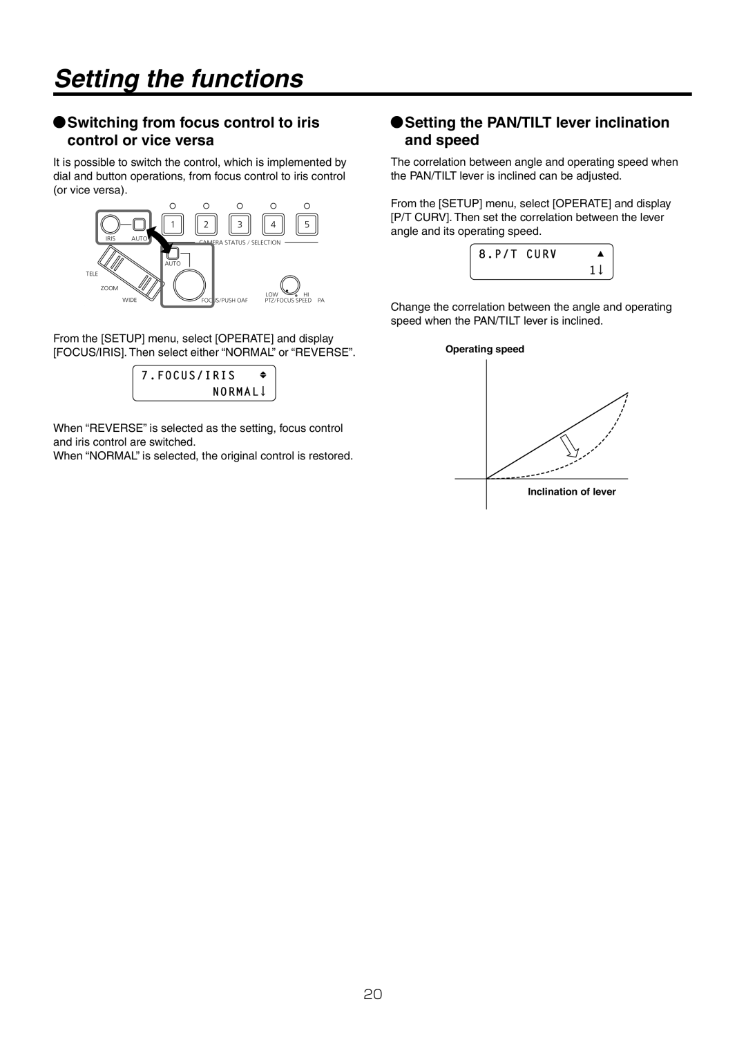 Panasonic AW-RP50N Switching from focus control to iris control or vice versa, FOCUS/IRIS Normal, T Curv 