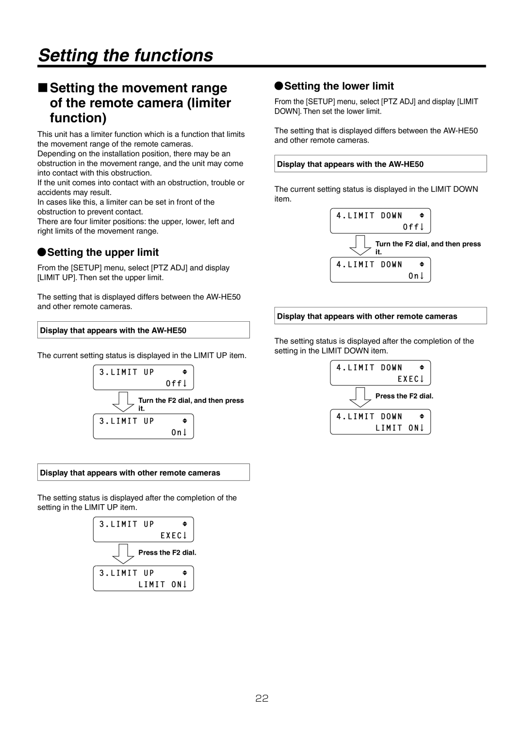 Panasonic AW-RP50N operating instructions Setting the upper limit, Setting the lower limit 