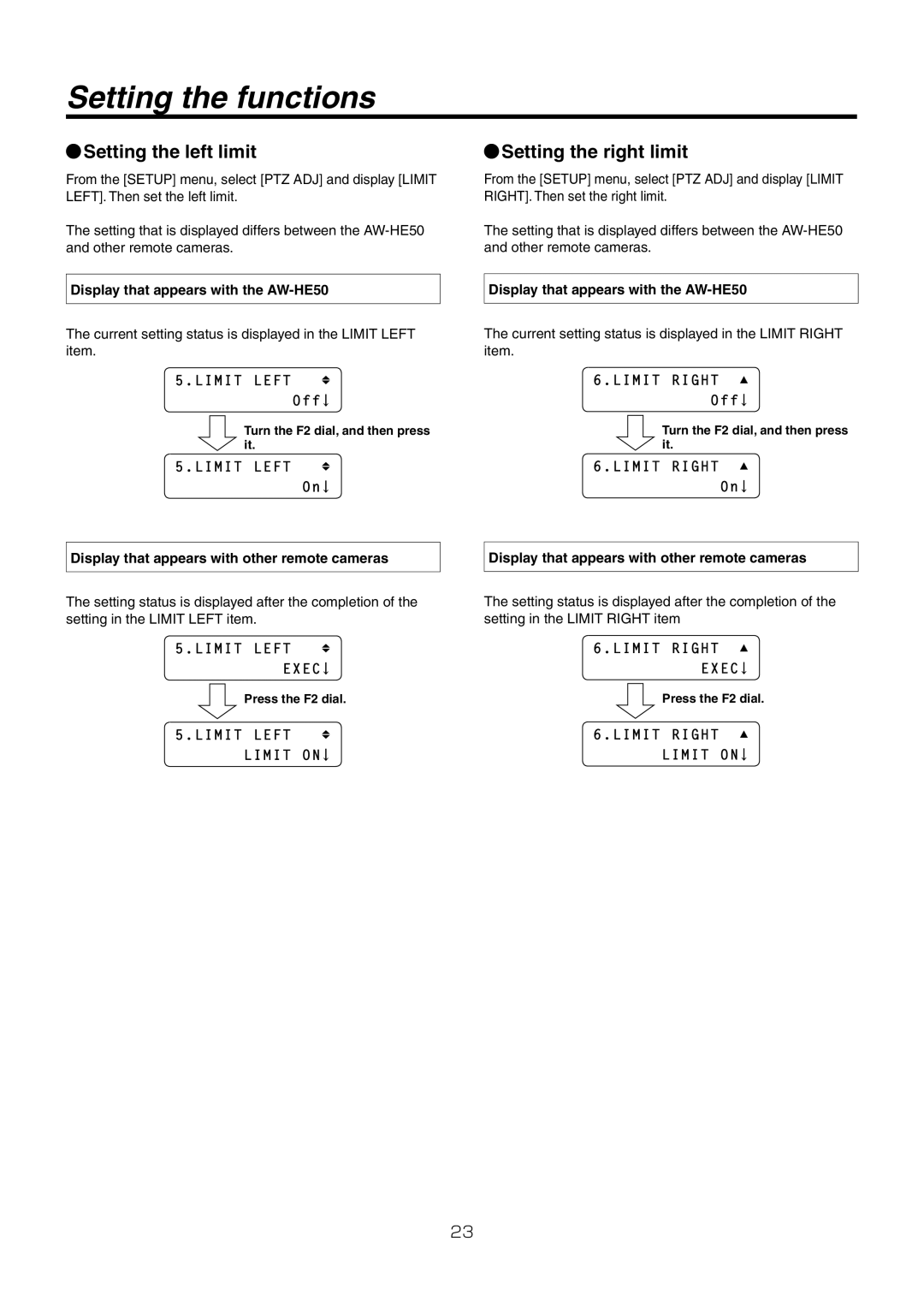 Panasonic AW-RP50N operating instructions Setting the left limit, Setting the right limit 