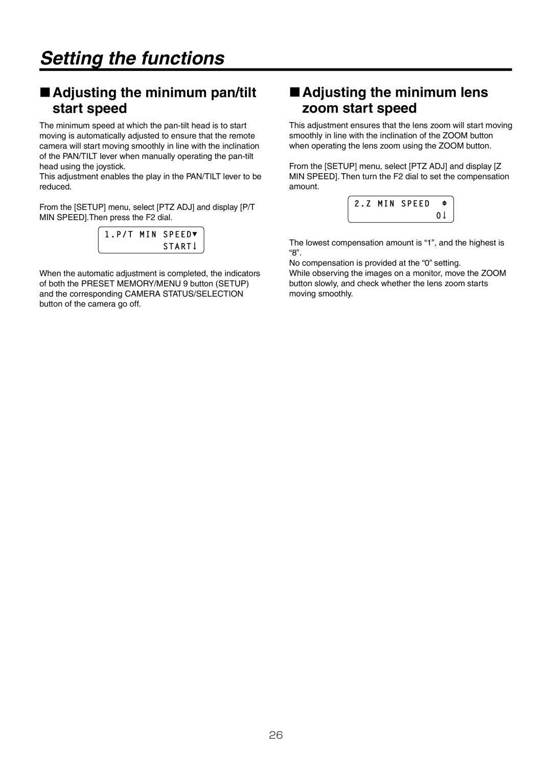 Panasonic AW-RP50N Adjusting the minimum pan/tilt start speed, Adjusting the minimum lens zoom start speed, MIN Speed 