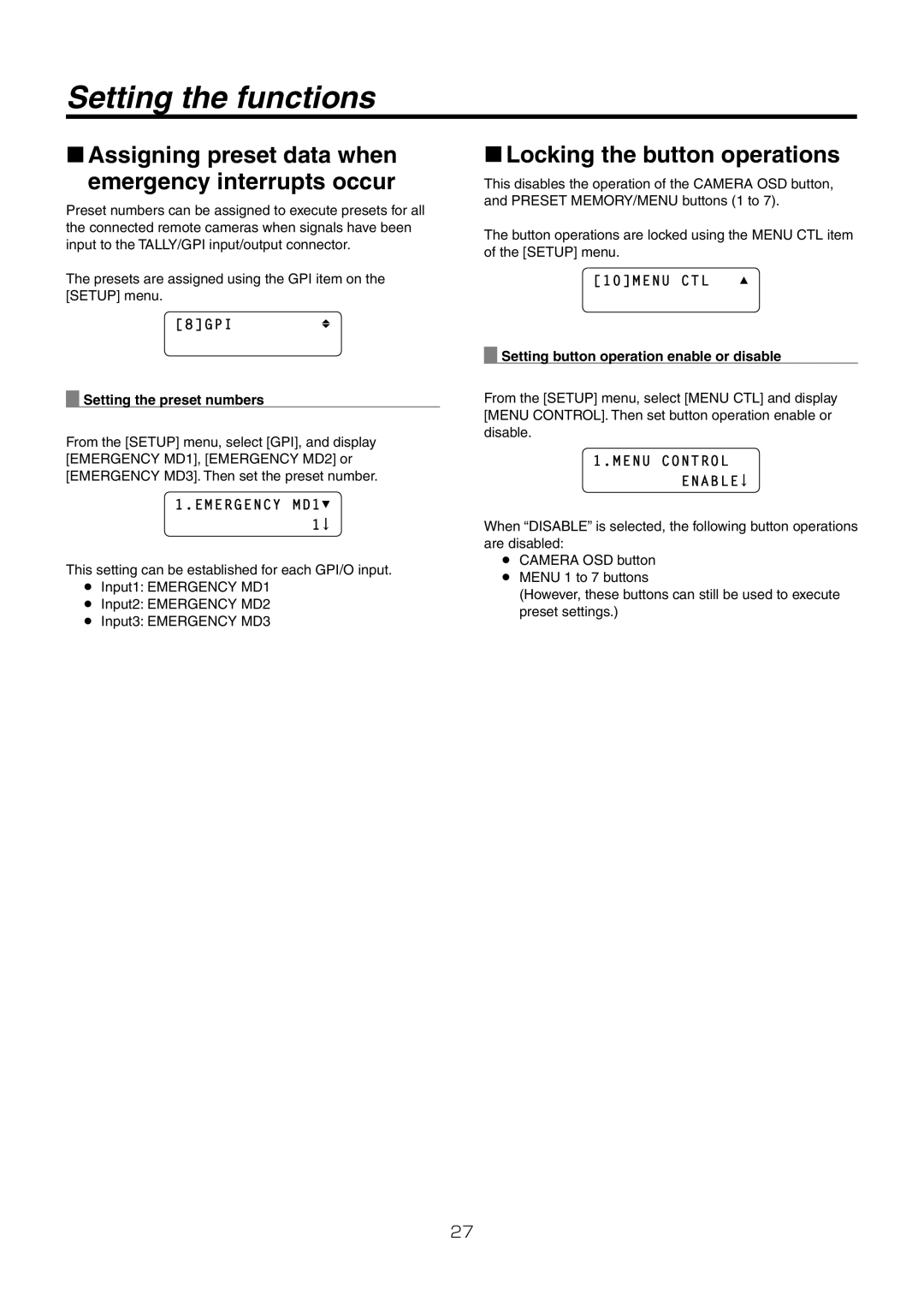 Panasonic AW-RP50N Locking the button operations, 8GPI Setting the preset numbers, Emergency MD1, Menu Control Enable 