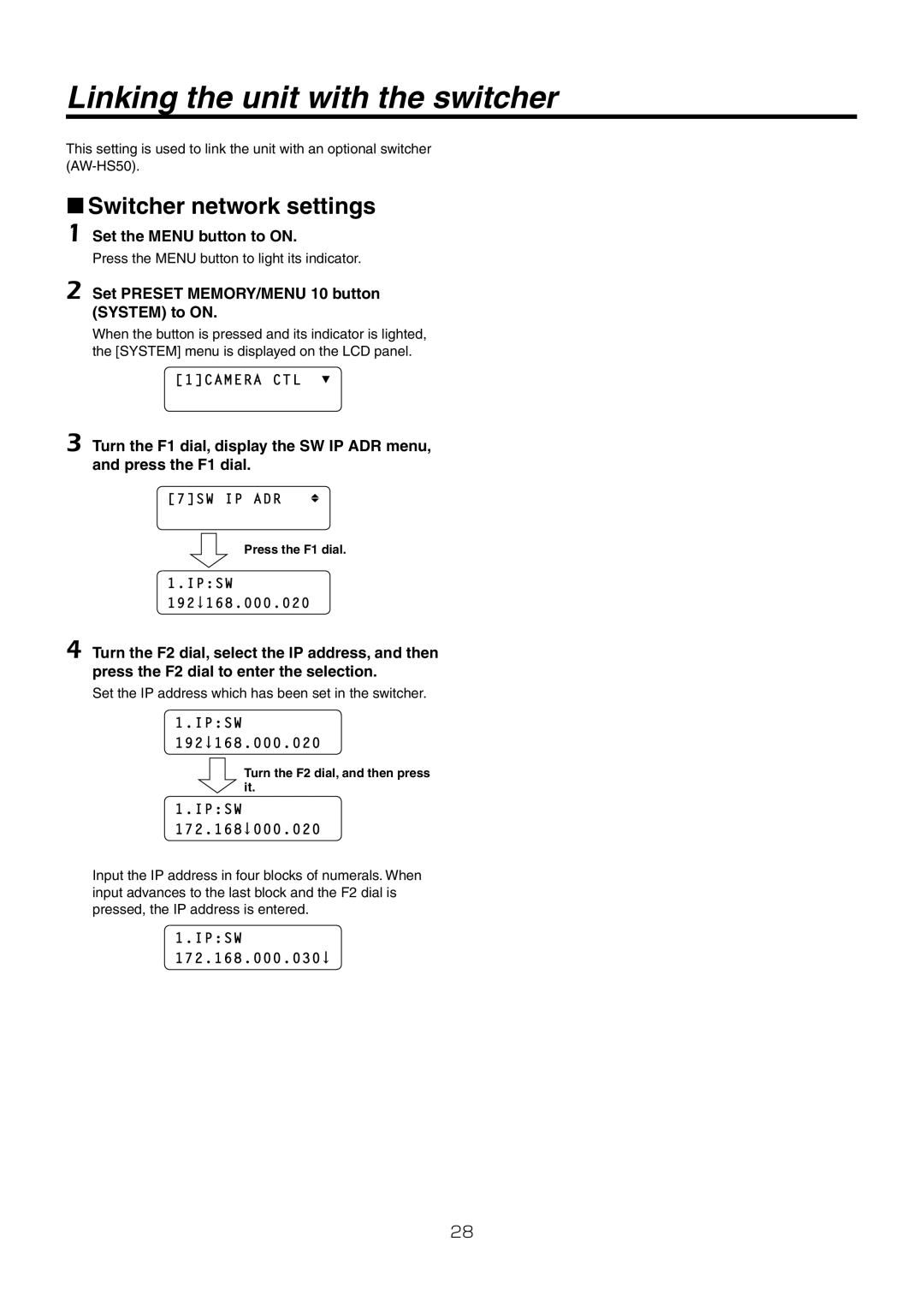 Panasonic AW-RP50N operating instructions Linking the unit with the switcher, Switcher network settings, Ipsw 