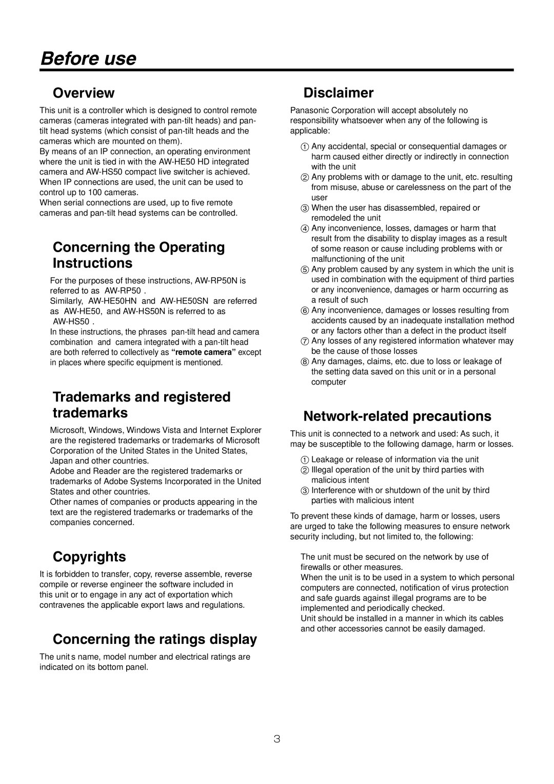 Panasonic AW-RP50N operating instructions Before use 