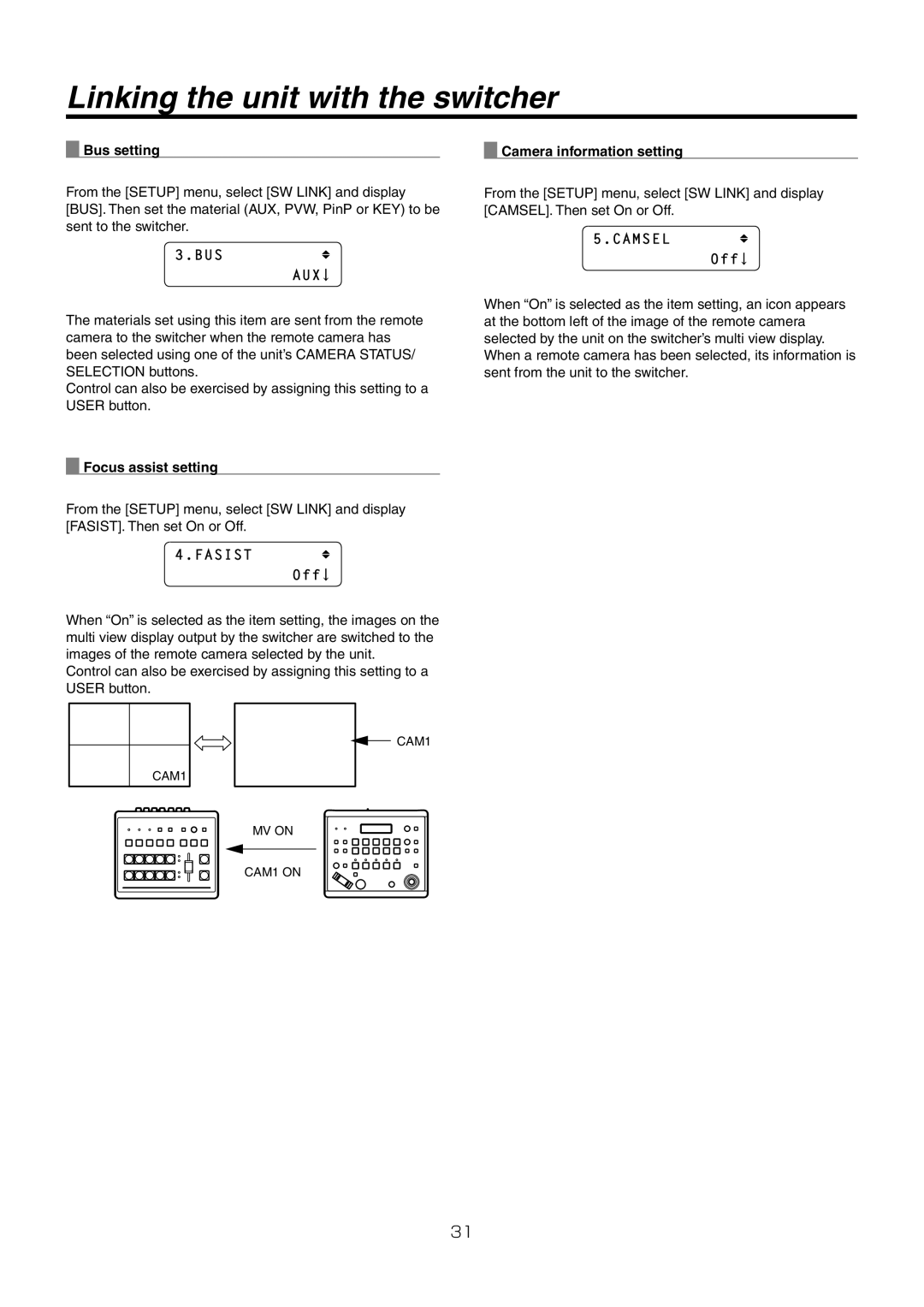 Panasonic AW-RP50N operating instructions Bus Aux, Fasist Off, Camsel Off 