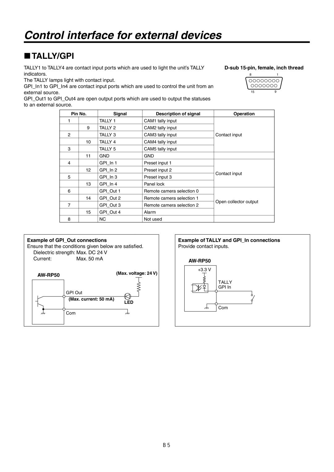 Panasonic AW-RP50N Control interface for external devices, Sub 15-pin, female, inch thread, Example of GPIOut connections 