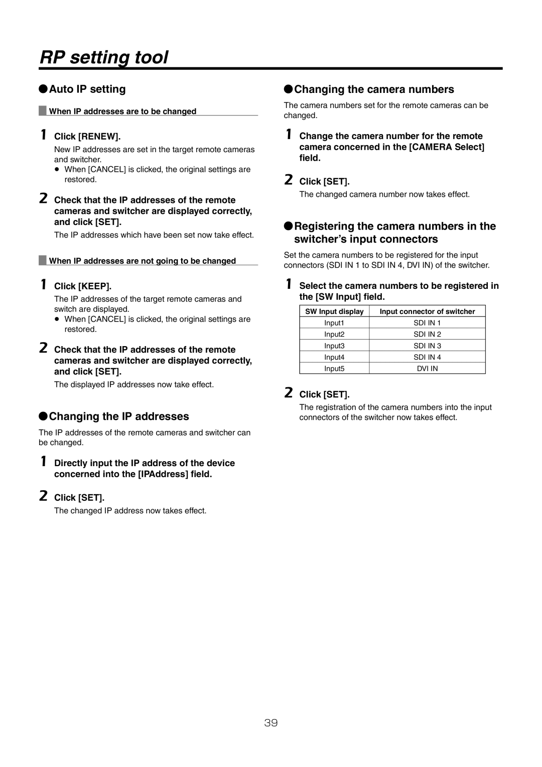 Panasonic AW-RP50N Auto IP setting, Changing the IP addresses, Changing the camera numbers, Click Renew, Click Keep 