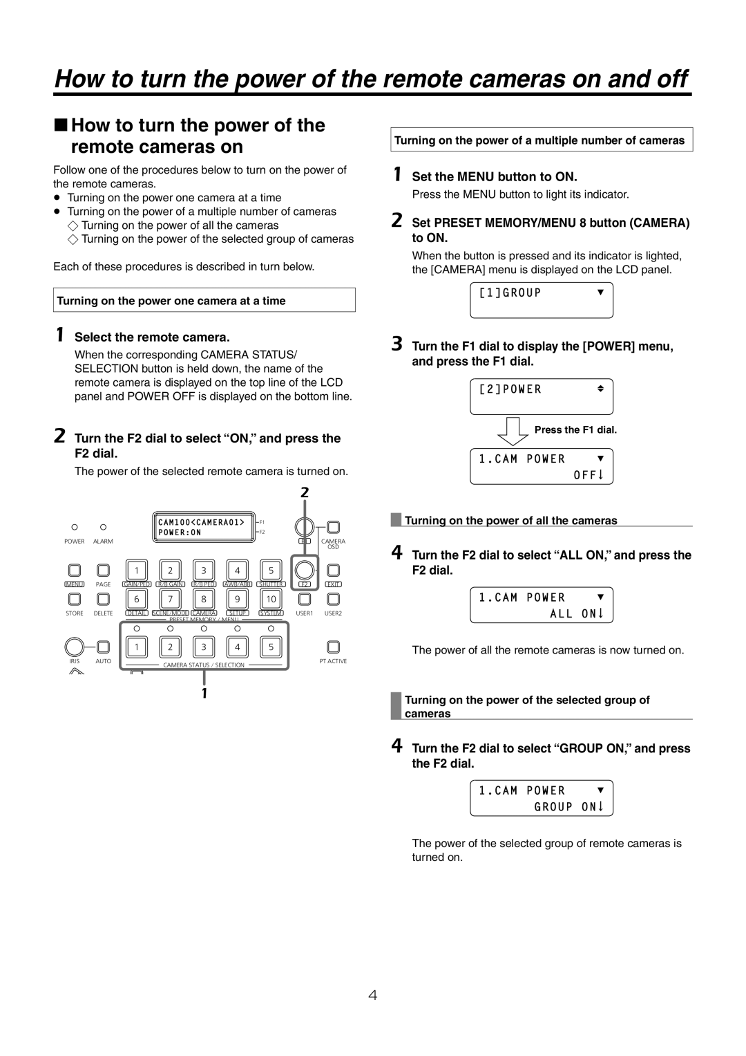 Panasonic AW-RP50N operating instructions How to turn the power of the remote cameras on and off 