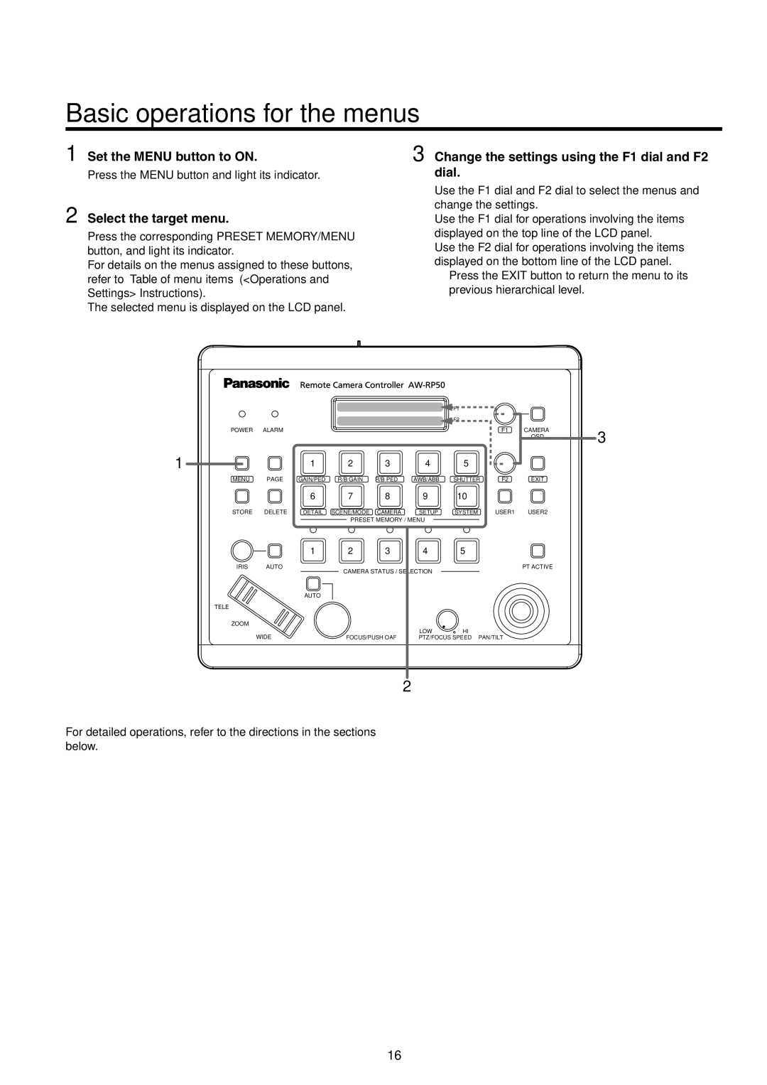 Panasonic AW-RP50N operating instructions Basic operations for the menus, Select the target menu 