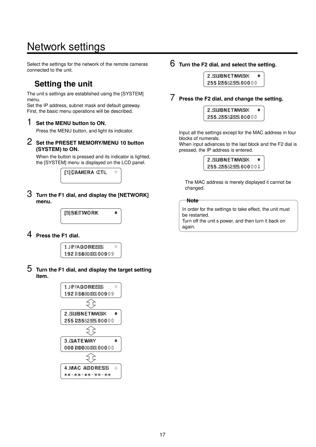 Panasonic AW-RP50N operating instructions Network settings, Setting the unit 