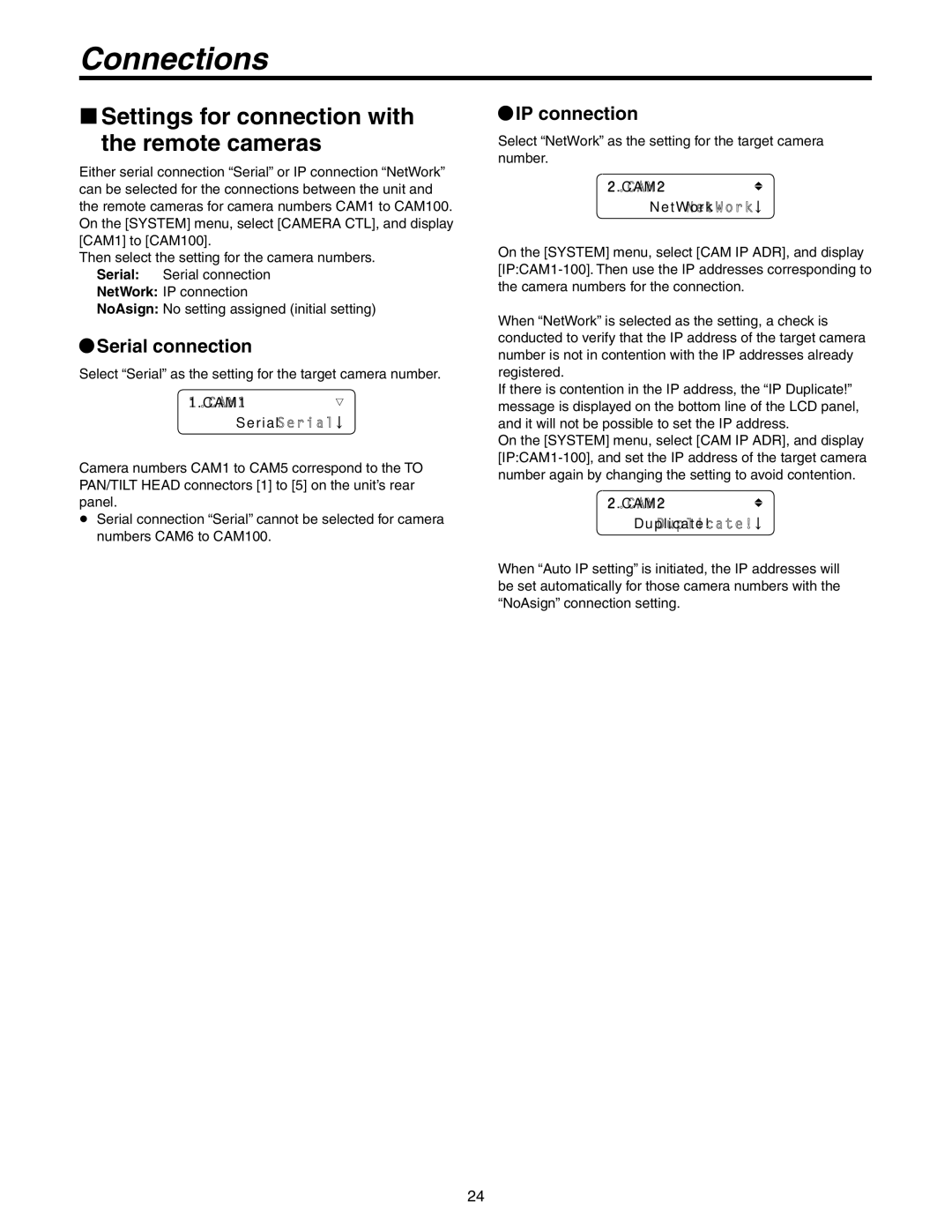 Panasonic AW-RP50N operating instructions Settings for connection with the remote cameras, Serial connection, IP connection 