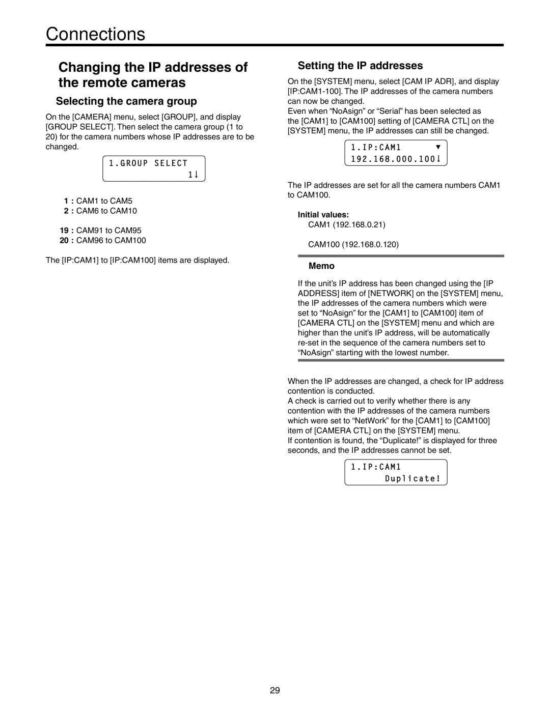 Panasonic AW-RP50N Changing the IP addresses of the remote cameras, Selecting the camera group, Setting the IP addresses 