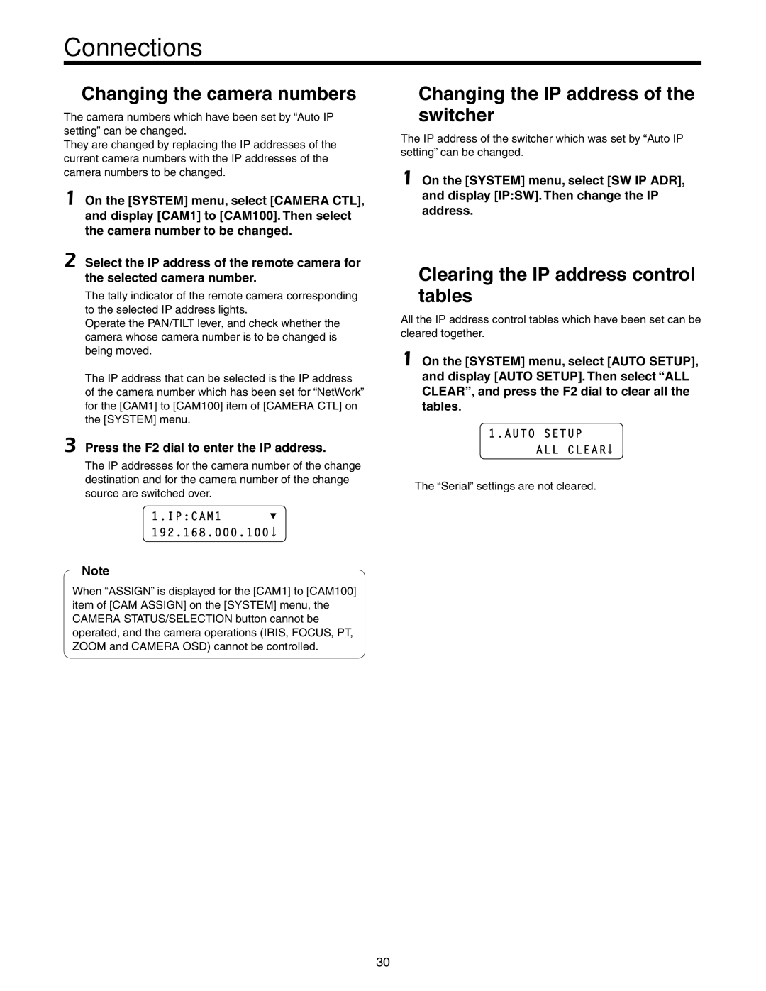 Panasonic AW-RP50N Changing the camera numbers, Changing the IP address of the switcher, Auto Setup ALL Clear 