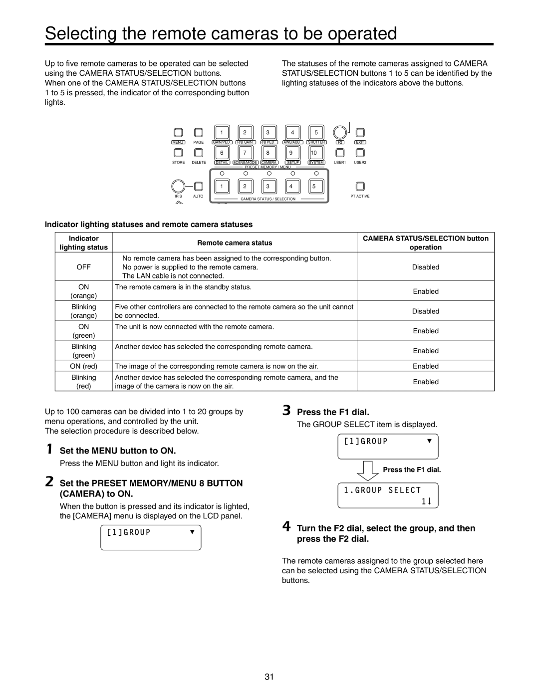 Panasonic AW-RP50N Selecting the remote cameras to be operated, Set the Preset MEMORY/MENU 8 Button Camera to on 