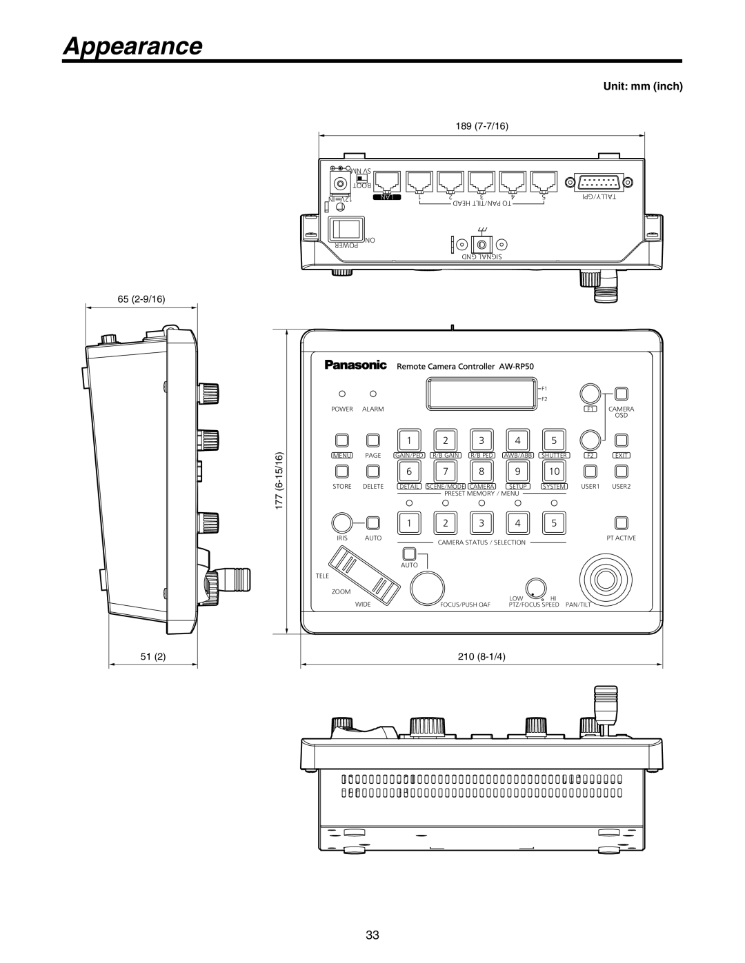 Panasonic AW-RP50N operating instructions Appearance, Unit mm inch 