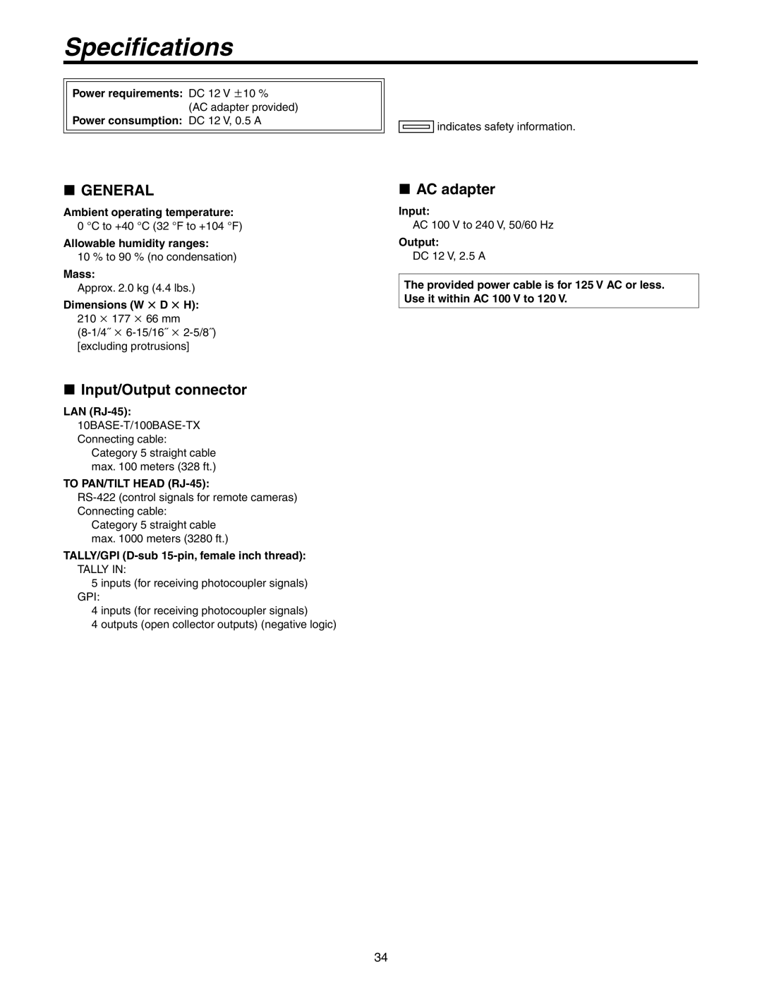 Panasonic AW-RP50N operating instructions Specifications, Input/Output connector, AC adapter 