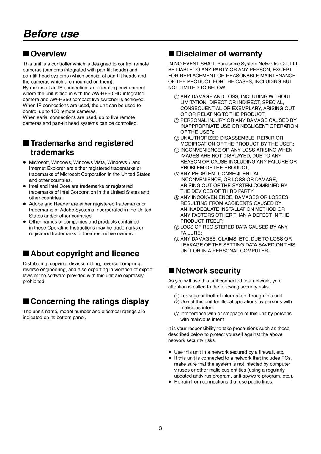 Panasonic AW-RP50N Before use, Overview, Trademarks and registered trademarks, About copyright and licence 