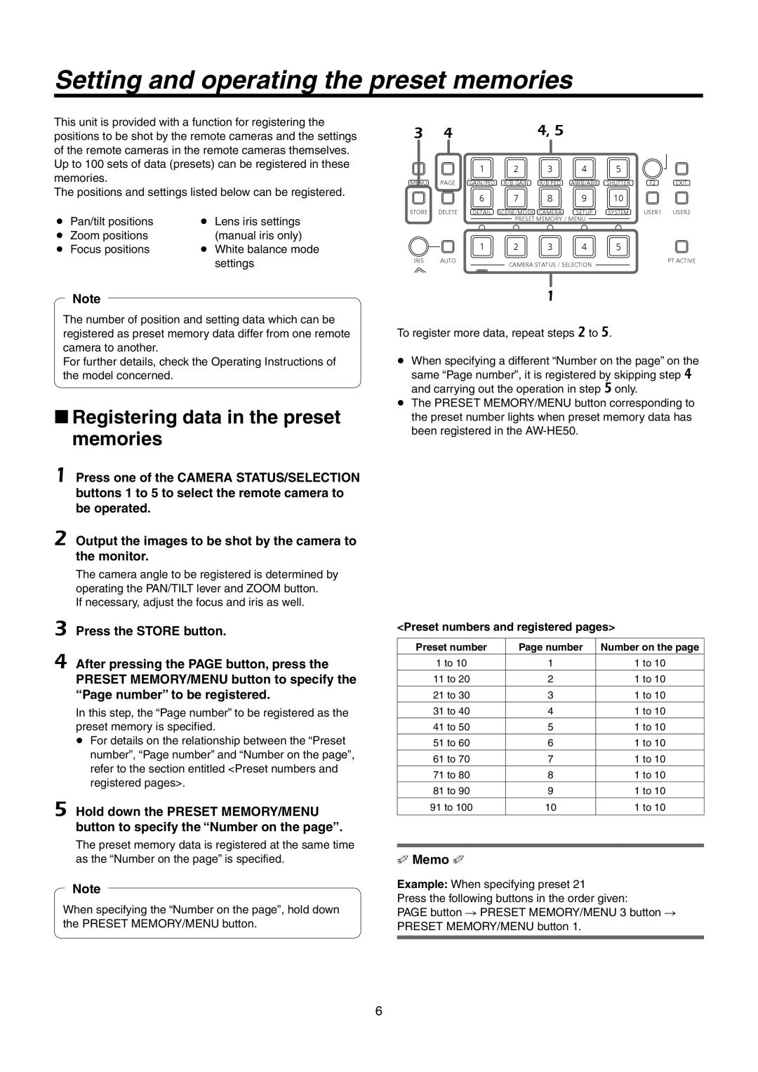 Panasonic AW-RP50N operating instructions Setting and operating the preset memories, Preset numbers and registered pages 