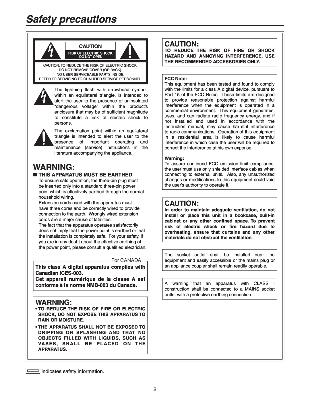 Panasonic AW-RP50N operating instructions Safety precautions, This Apparatus Must Be Earthed 
