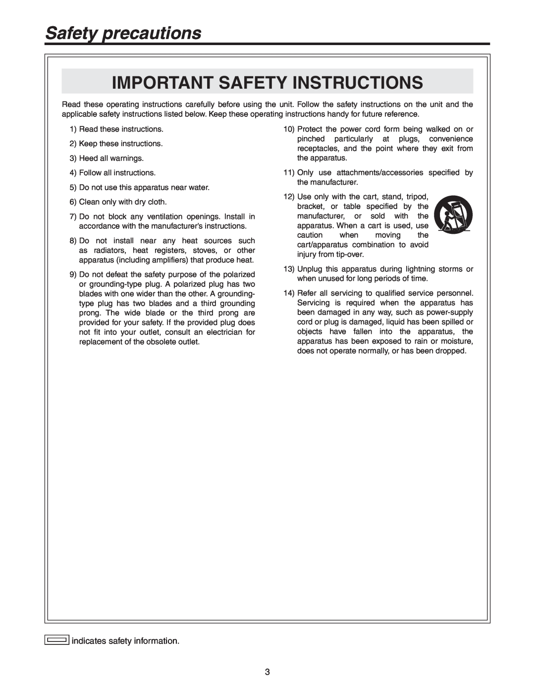 Panasonic AW-RP50N operating instructions Important Safety Instructions, Safety precautions, indicates safety information 